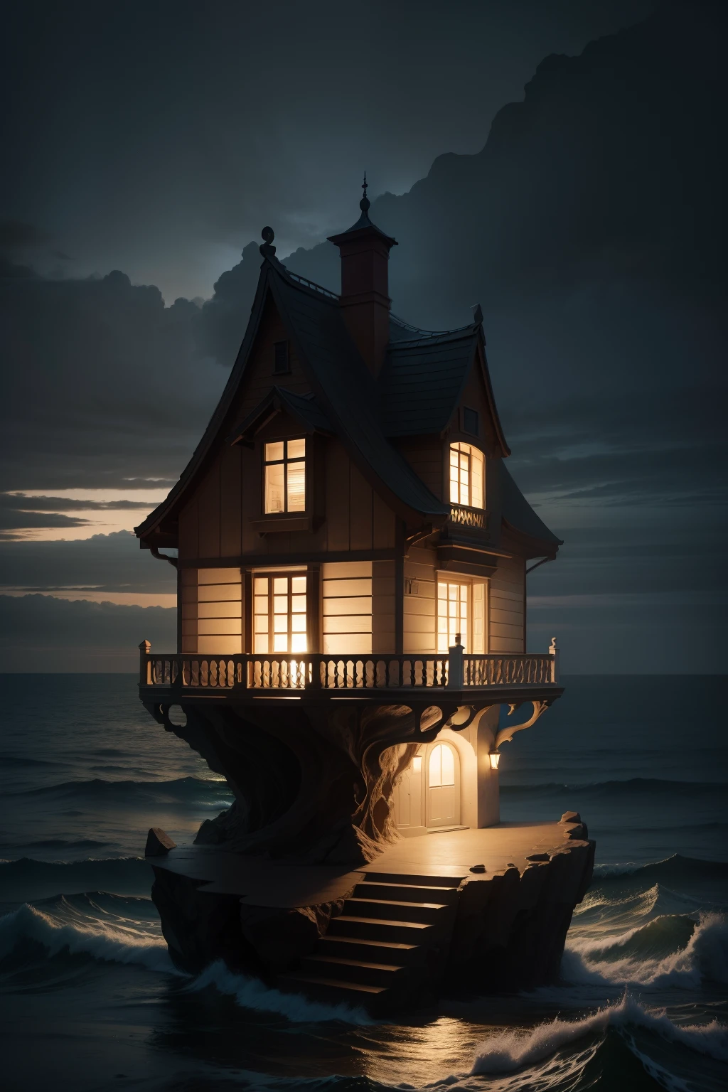 a house on the sea,chiaroscuro, Surrealism, best quality