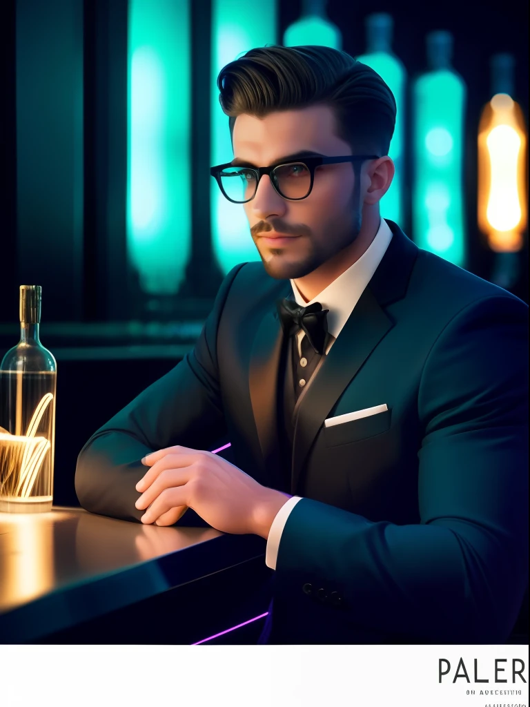 A portrait of an American extremely handsome man dressed in an elegant clothing, illuminated by the vibrant neon lights of a stylish bar. The man exudes sophistication and masculinity, his poise capturing the essence of Parisian sexuality. His clothing is modern and sexy. The neon lights cast a colorful glow on his face, accentuating his handsome features and adding a contemporary flair to the scene. The bar's atmosphere is buzzing with energy, with the soft murmur of conversations and clinking glasses in the background. The composition of this photo is carefully crafted, capturing the man’s allure and the ambiance of the bar in perfect harmony. Photographed by Paolo Roversi, using a Leica SL2 with a 50mm lens, the lighting combines the neon lights of the bar with subtle fill light, creating a captivating and glamorous image.