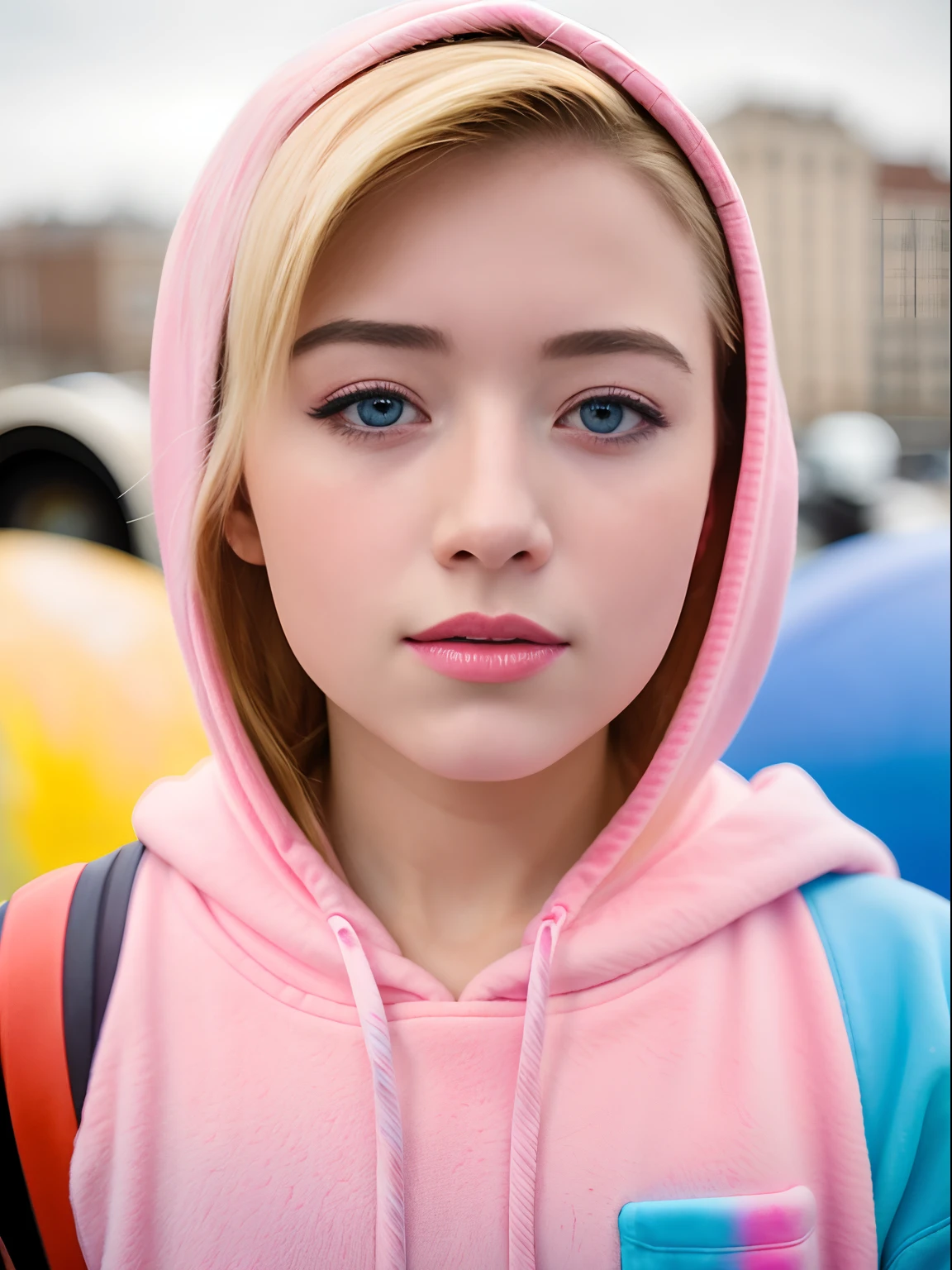 Beautiful american young woman wearing a full-length hoodie, looks at the viewer, Holi Color Festival, European type of appearance, European face, Blue eyes and blonde hair, against the backdrop of the city, a lot of details, гипердетальный POV, by Lee Jeffries, Nikon D850, Camera roll, 4 Kodak Portra 400, F1 camera lens.6, saturated colors, A hyper-realistic, lifelike texture, spectacular lighting, Cinestill 800,