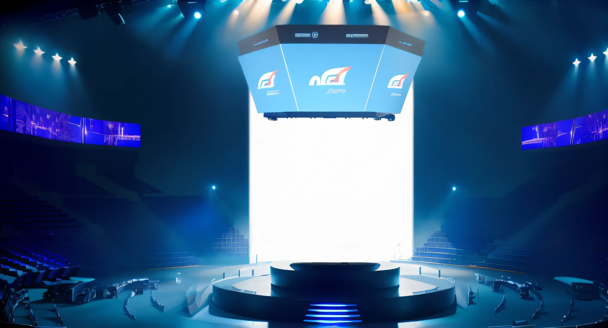 There is a stage with a podium and stage lights, arena background, Stage background, giant led screens, Esports, giant video screens, large led screens, Large screen, giant screens, large screens, Empty stage, Stage, huge viewscreen at front, Screen Space Global Illumination, Clean background, led screens, Volumetric illumination - N 9, official render