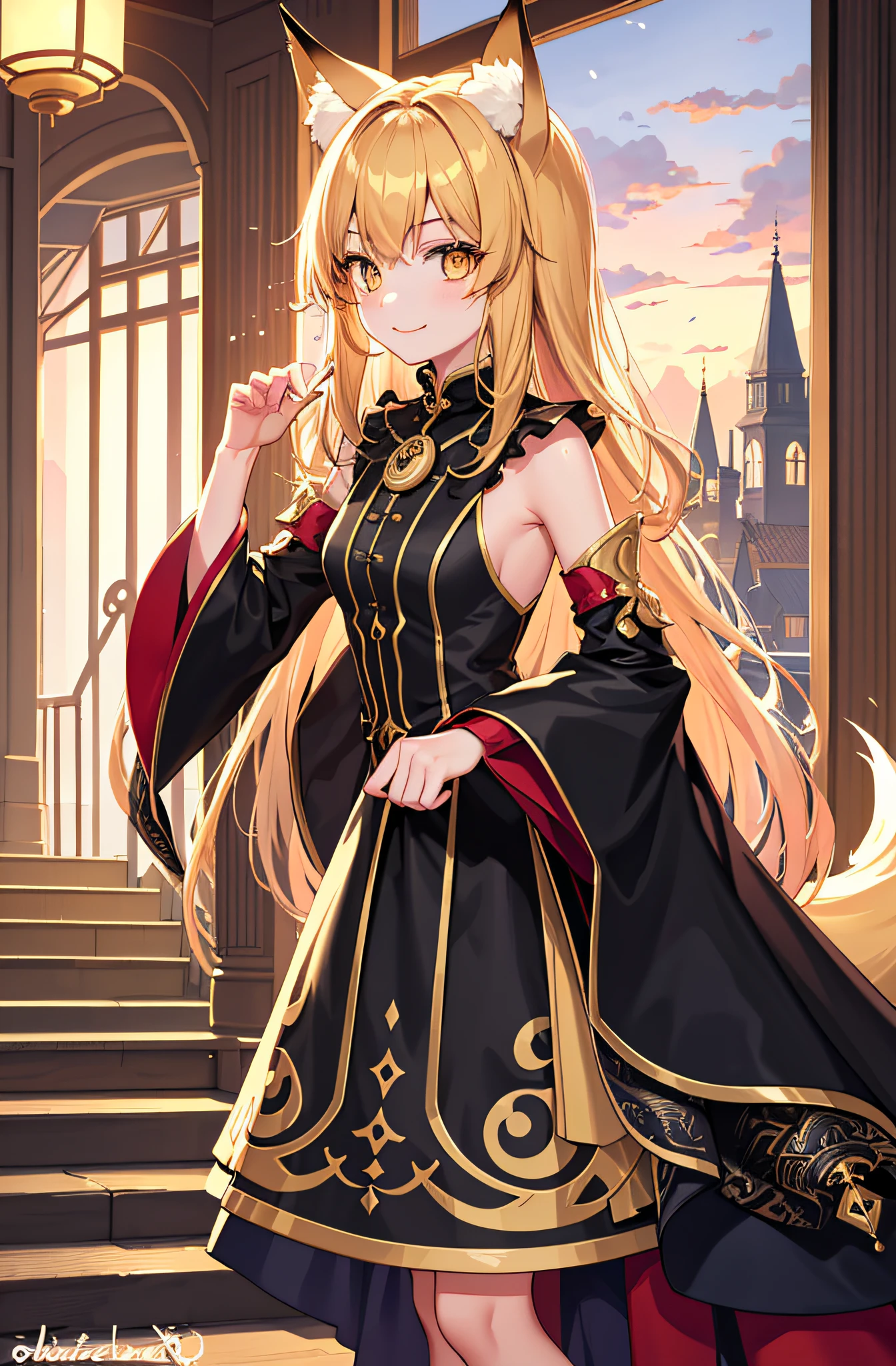tmasterpiece， Best quality at best， 1girll， yellow eyes， Medium hair， stairways， SakuraNS，Dragon， girl fox， Separate the sleeves， Animal ear， cheerfulness， Behind the arm，