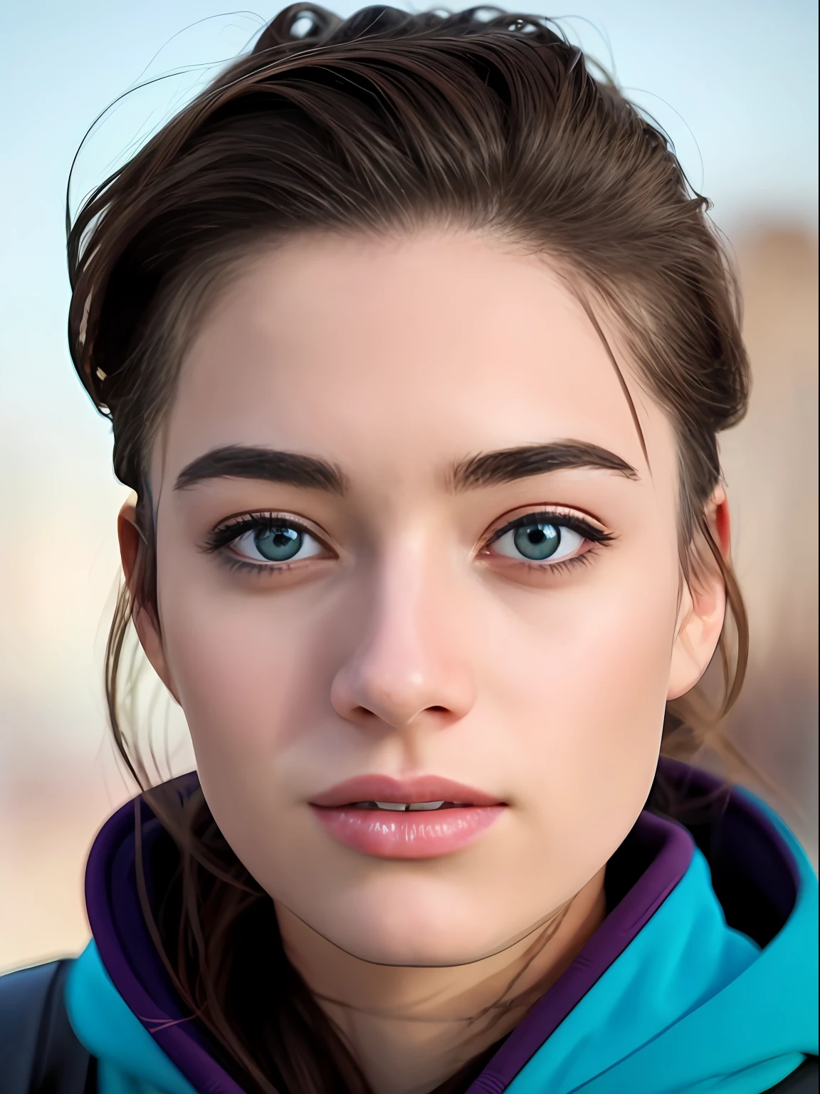 Beautiful american young woman wearing a full-length hoodie, looks at the viewer, Holi Color Festival, European type of appearance, European face, Blue eyes and blonde hair, against the backdrop of the city, a lot of details, гипердетальный POV, by Lee Jeffries, Nikon D850, Camera roll, 4 Kodak Portra 400, F1 camera lens.6, saturated colors, A hyper-realistic, lifelike texture, spectacular lighting, Cinestill 800,