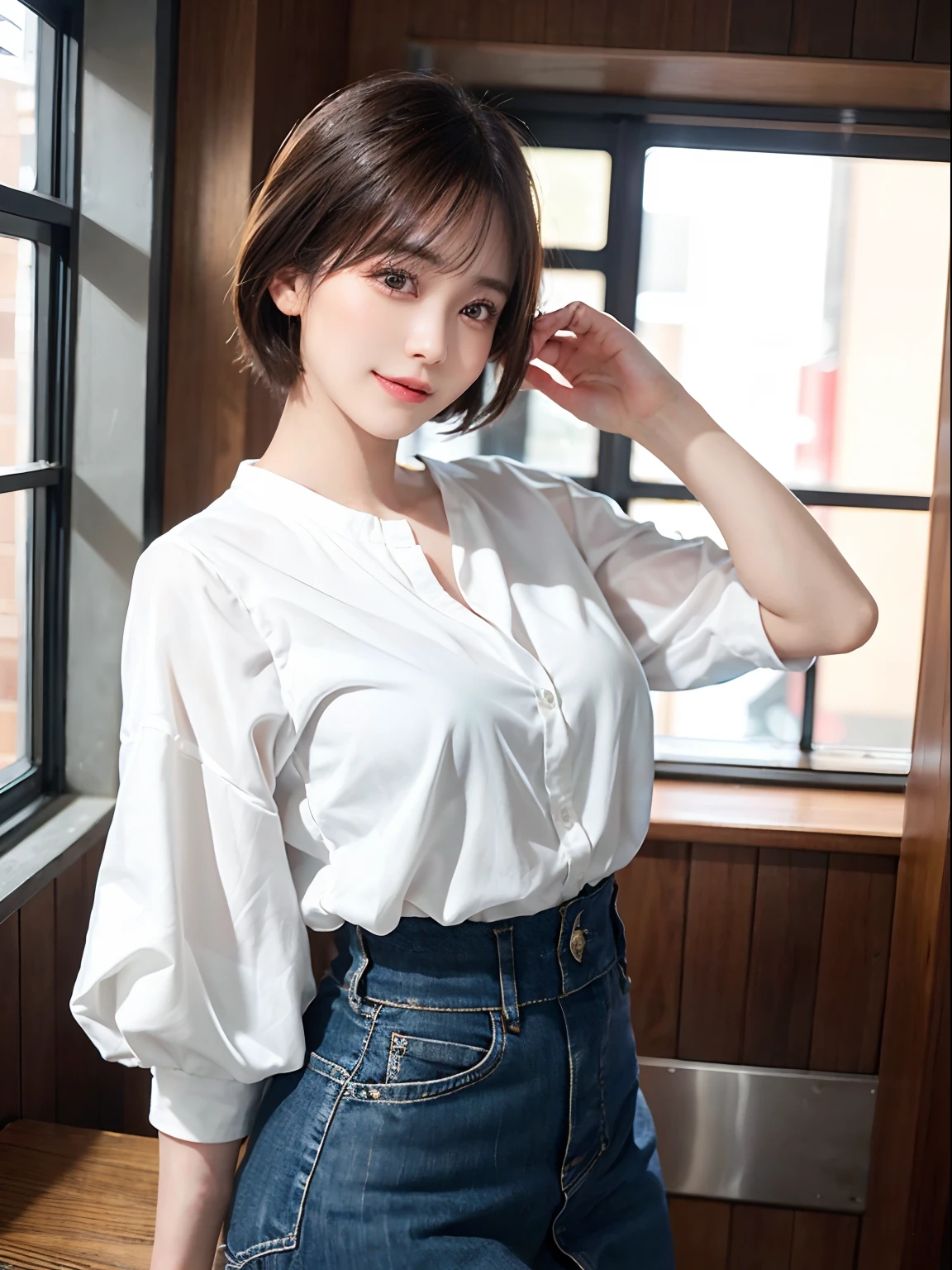 (Raw photography:1.2)、top-quality、a beautiful detailed girl、A smile、short-haired、extremely detailed eye and face、beatiful detailed eyes、huge filesize、hight resolution、8k wallpaper、finely detail、Highly detailed ticker uniform 8K wallpaper、Light on the Face、电影灯光、、(photorealisim:1.4)、illustratio、super detailing、long skirt、Flip up