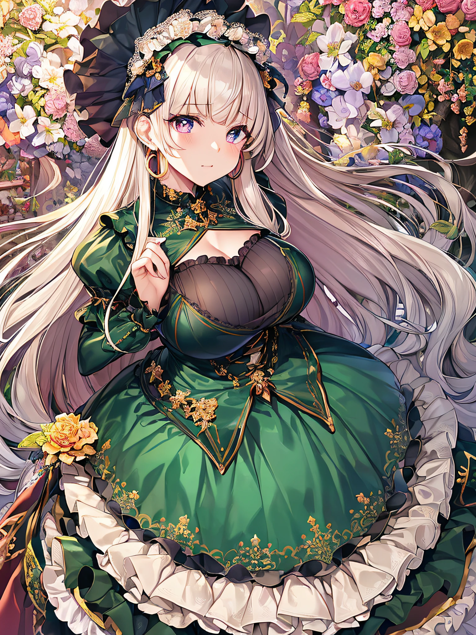 ((anime artstyle)),(Masterpiece),(Best Quality), (Super Detail),((Very Delicate and Beautiful)),(((Solo))),((full body)),(((1 princess in extremely gorgeous lolita dress with voluminous full length hoop skirt))),((standing in garden)),Long train,(bling-bling gorgeous gemstone jewelry),detailed face and eyes,jewel-like eyes,cry,((large amount of straight hair,extremely voluminous Very Long Straight Hair)),((gigantic tits,Long tits)),cleavage,(gorgeousfull embroidery and lace),gorgeous corsage,See-through,((extremely gorgeousfull lolita hair ornament)),bling-bling extremely gorgeousfull jeweled tiara,ornate ruffles,beautiful embroidery,(hoop skirt,crinoline),flowers, flower petals flowing,((Dynamic Angle)),Looking at viewer,((full body))