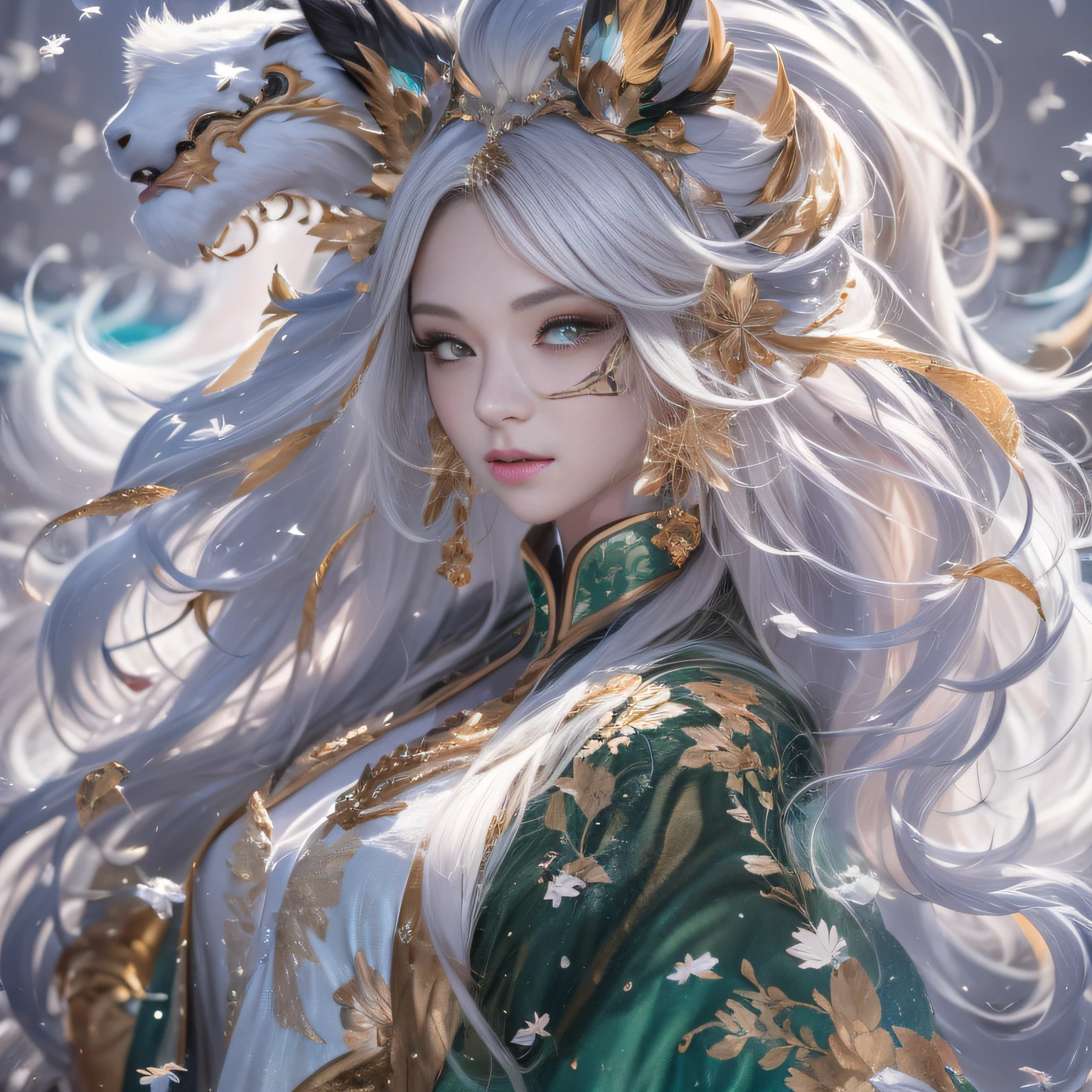 32K(tmasterpiece,k hd,hyper HD,16k)Flowing short hair,Backroom pond,zydink, a color, Asian people (Colorful horse unicorn unicorn beast), (Silk scarf), Combat posture, looking at viewert, long whitr hair, Floating hair, Hanfu, Chinese clothes, longer sleeves, (abstract ink splash:1.2), white backgrounid,Kirin Beast Protector (realisticlying:1.4),Snowflake lion's head,Snowflakes fluttering,The background is pure, A high resolution, the detail, RAW photogr, Sharp Re, Nikon D850 Film Stock Photo by Jefferies Lee 4 Kodak Portra 400 Camera F1.6 shots, Rich colors, ultra-realistic vivid textures, Dramatic lighting, Unreal Engine Art Station Trend, cinestir 800,