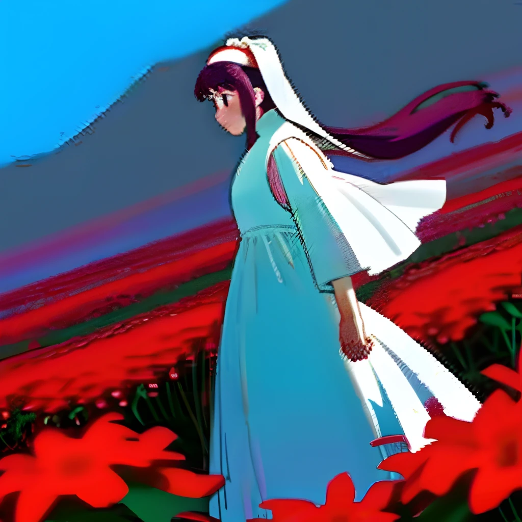 A girl stands in a sea of red flowers,Deep purple double ponytail,Wearing a white nun dress