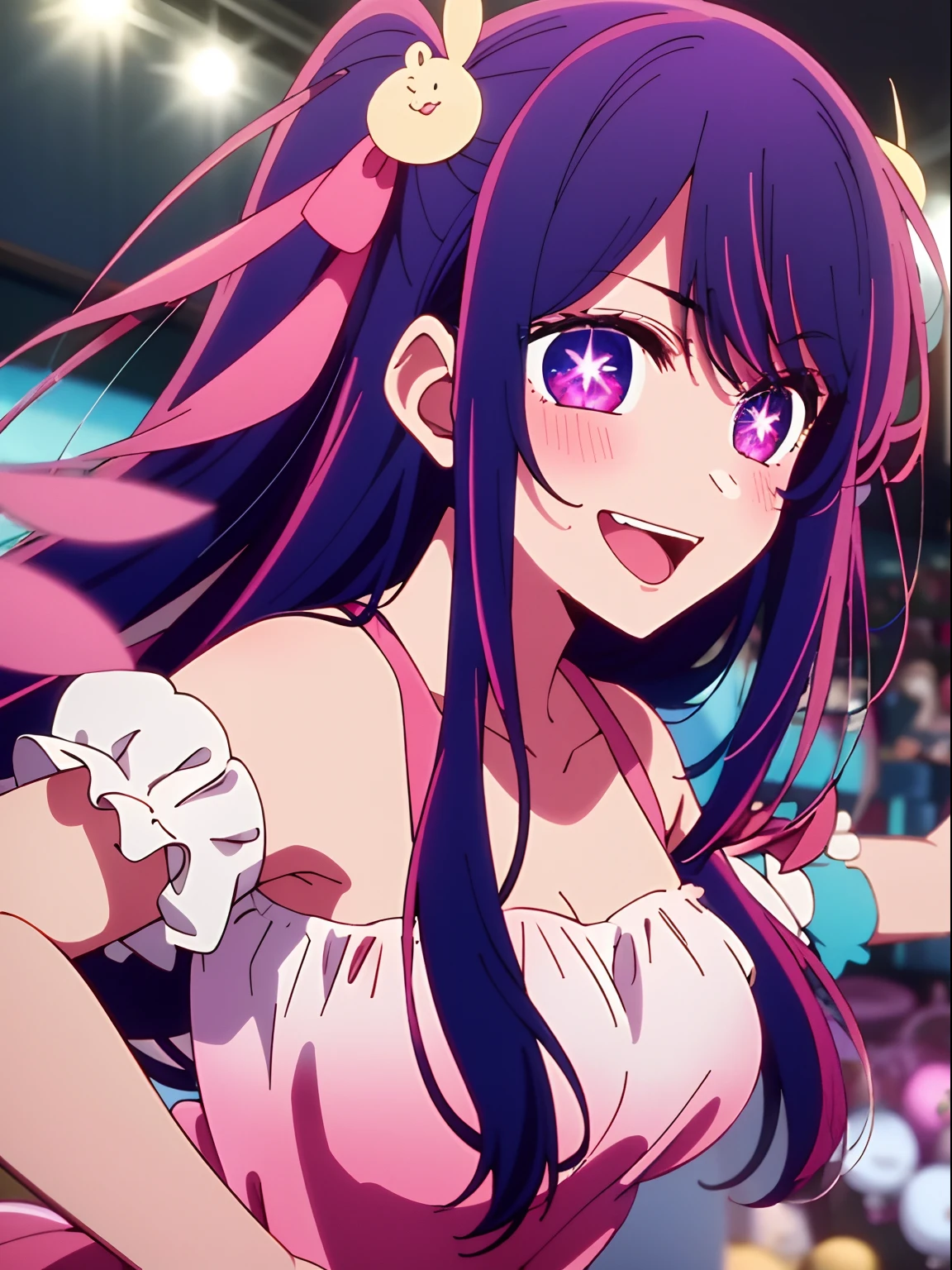 masterpiece、ighly detailed、top-quality、(1 girl in:1.2)、purple color hair、pink dress、big eye、a closeup、A smile、8K、Ai Hoshino、Live performance venue、Live Backgrounds、Dancing、(((anime styled)))、(((2D)))