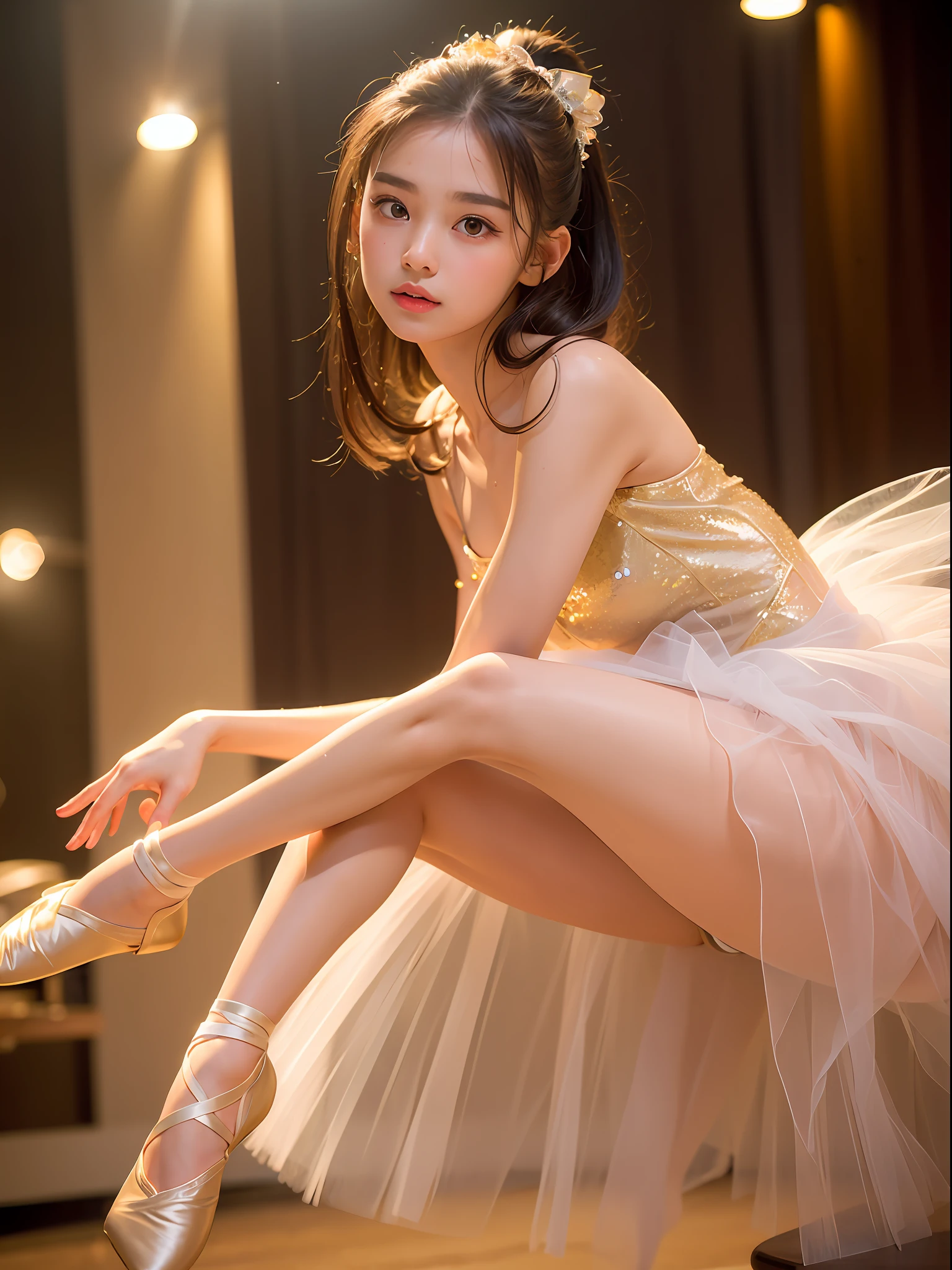 (8K、Raw photography、Photorealsitic:1.25)、(18 year old woman with beautiful perfect face)、Ballet dancer、The dynamism of ballet、On stage、It expresses a sense of tension、Ballet Costumes、Pointe shoes、tutu、Glistening sweat、lipgloss、shiny bare skin、top-quality、超A high resolution