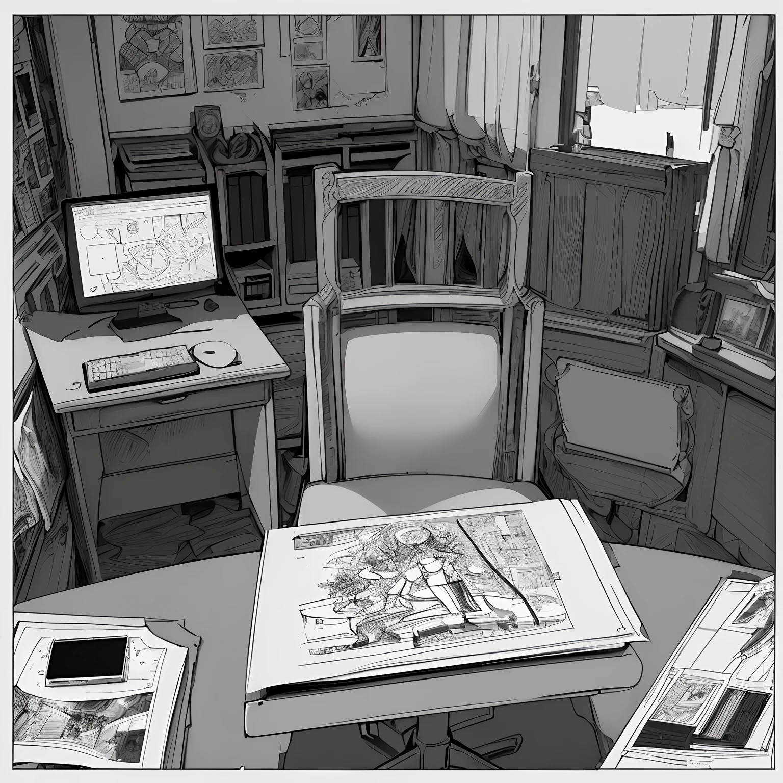 ​masterpiece、top-quality、High-quality images、8K、　　((unmanned、Background with、Precise perspective、line-drawing、Contour extraction、Monochrome grayscale、Moderate shading、Medium omission、Comic style、)):1.4　((Corner、a room、study、Zoom up on your desk、Chair、sash、stationery、dispatch、magazine、unmanned))1.5