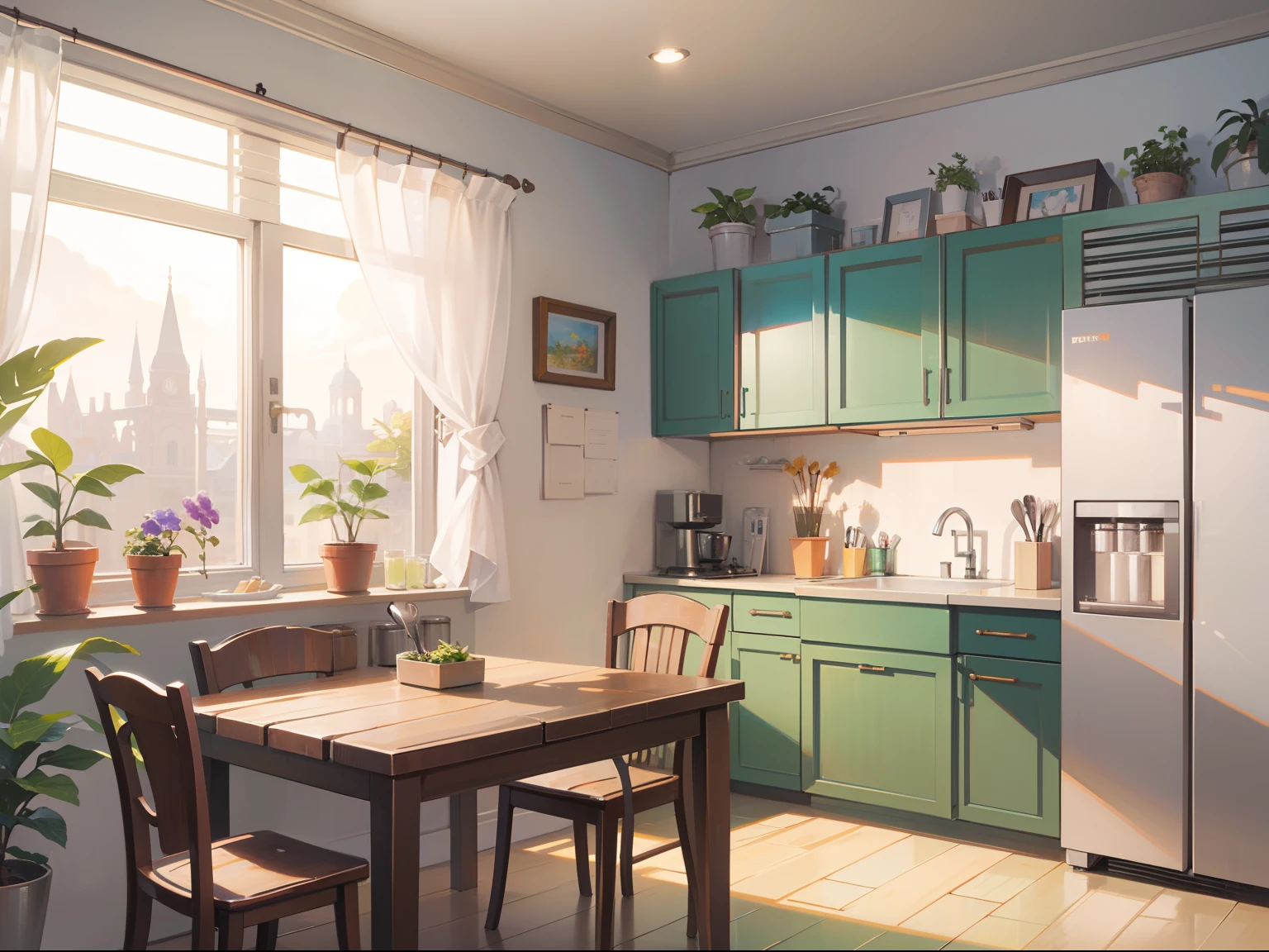 (masterpiece), best quality, ultra high res, detailed structure, detailed architecture, (warm pastel color), mini kitchen, plants, flower, fridge, foods on the counter, table, chair
