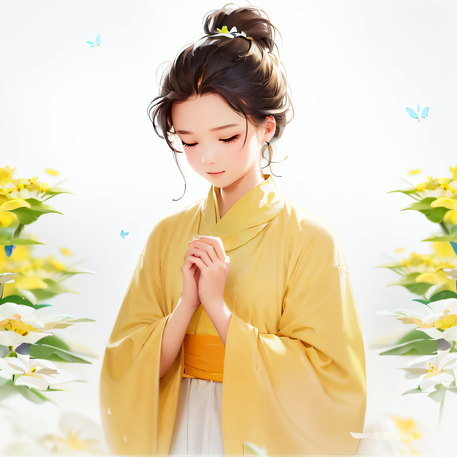 A charming little girl,,Enjoy a lovely spring excursion surrounded by beautiful yellow flowers and nature。The illustration is a high-definition illustration in 4K resolution,featuring highly detailed facial features and cartoon-style visuals,(Butterfly dance)