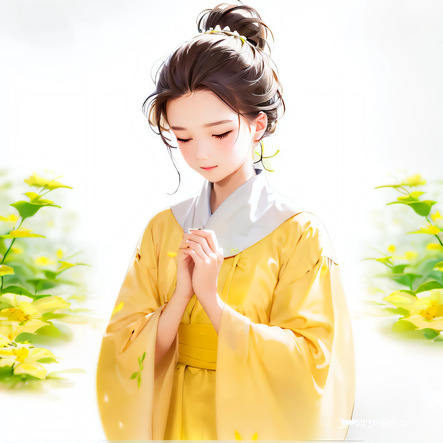 A charming little girl,,Enjoy a lovely spring excursion surrounded by beautiful yellow flowers and nature。The illustration is a high-definition illustration in 4K resolution,featuring highly detailed facial features and cartoon-style visuals,(Butterfly dance)