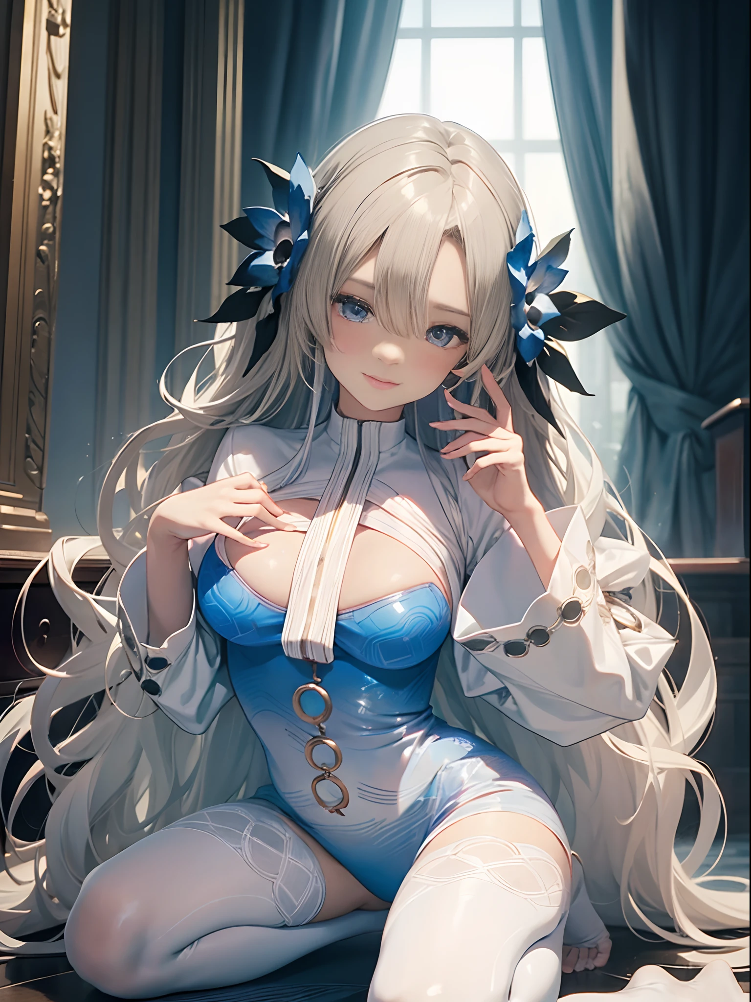 （Enrich the picture，Masterpiece level quality）Beautiful 8K CG artwork，Goddess-like posture，Kneeling exercise，Slim and soft，Translucent skin，White hair、The beauty of extra-long hair, Super Long Straight Hair，The skin is fair and juicy，Underwear uniforms，Perspective Part 1.2x enhanced silhouette effect，Exquisite transparent blues pattern in pajamas，The details are intricate and exquisite，The background is slightly blurred，Charming and lustful leg seduction，Drool，Extra-large big breasts，Blush，Japan goddess，Perfect body slim curves，