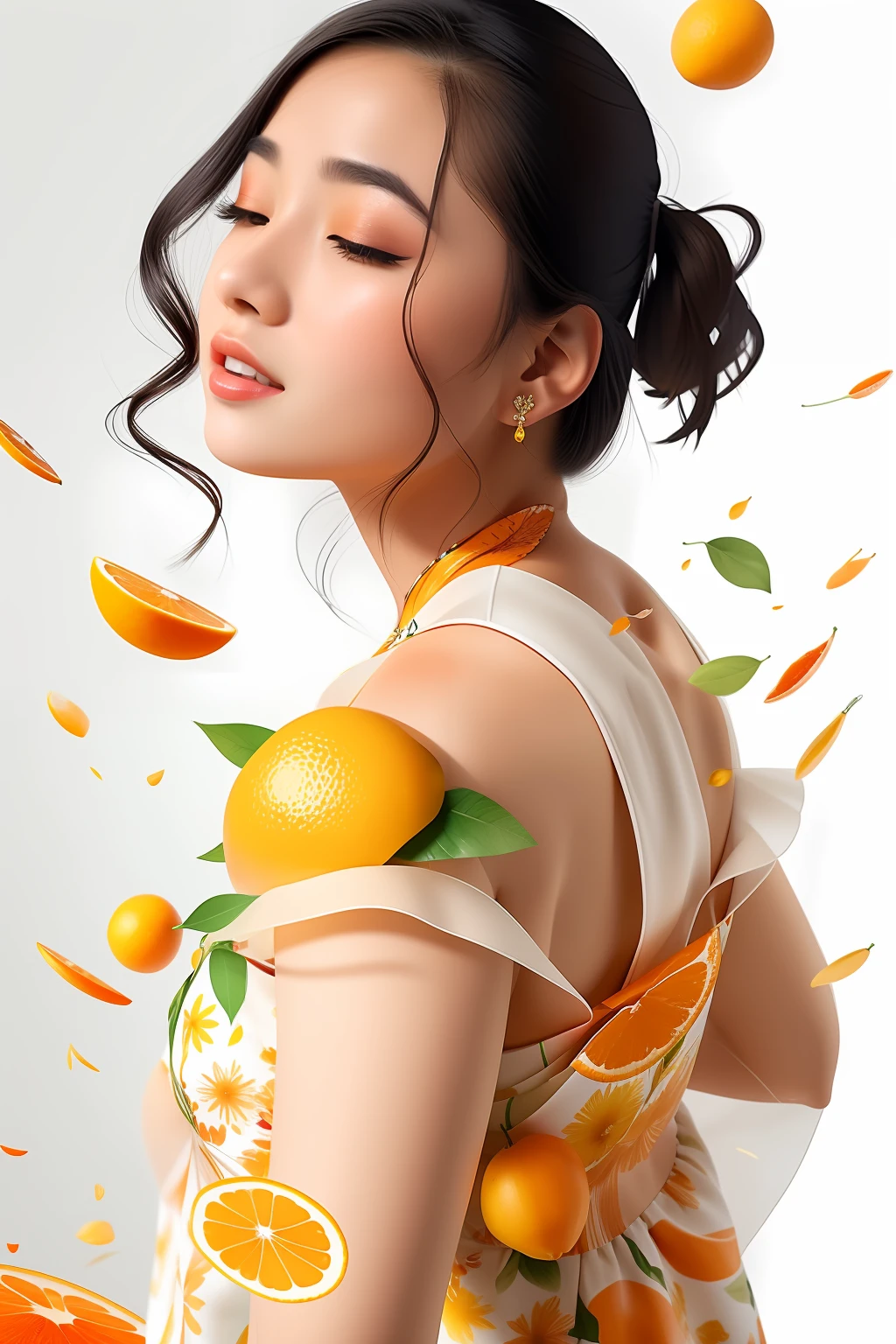 Beautiful Asian woman wearing a floral white dress, different type of fruits flying around, rainbow orange highlights, background of assorted citrus fruits, splashes of orange juice, sideview, textured, photo realistic, 12k quality