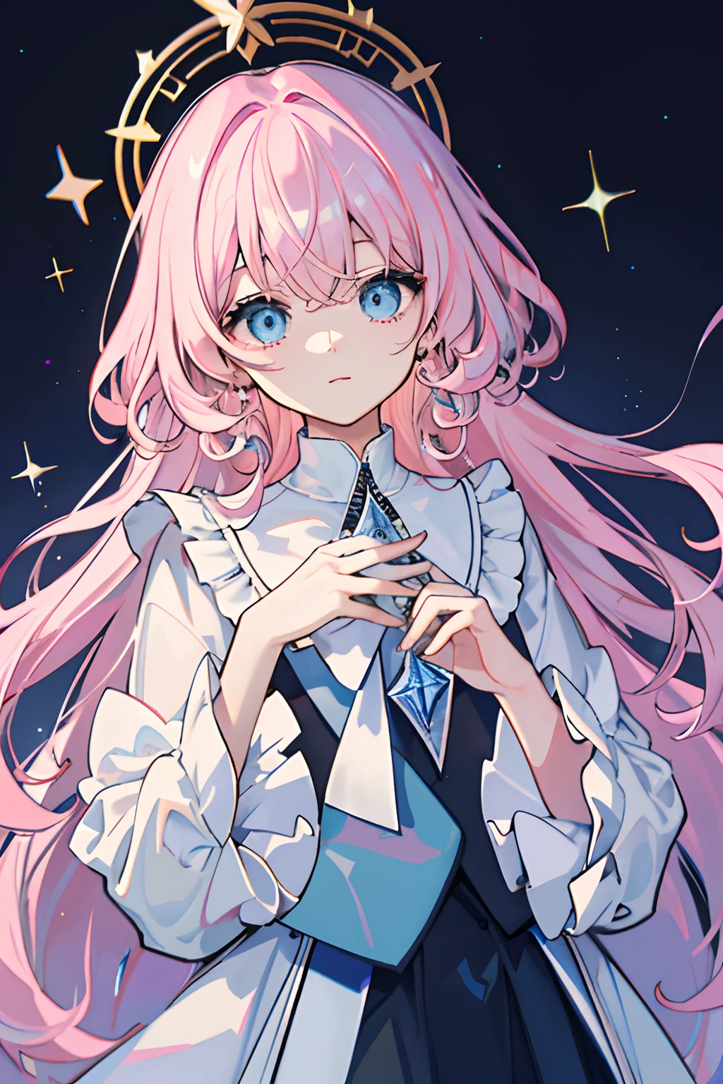 Masterpiece, Rich in details, Delicate, Cute, Light pink hair, Light blue eyes, Curly hair, stars, pentacle, glitters, The whole body is like a black silk school suit