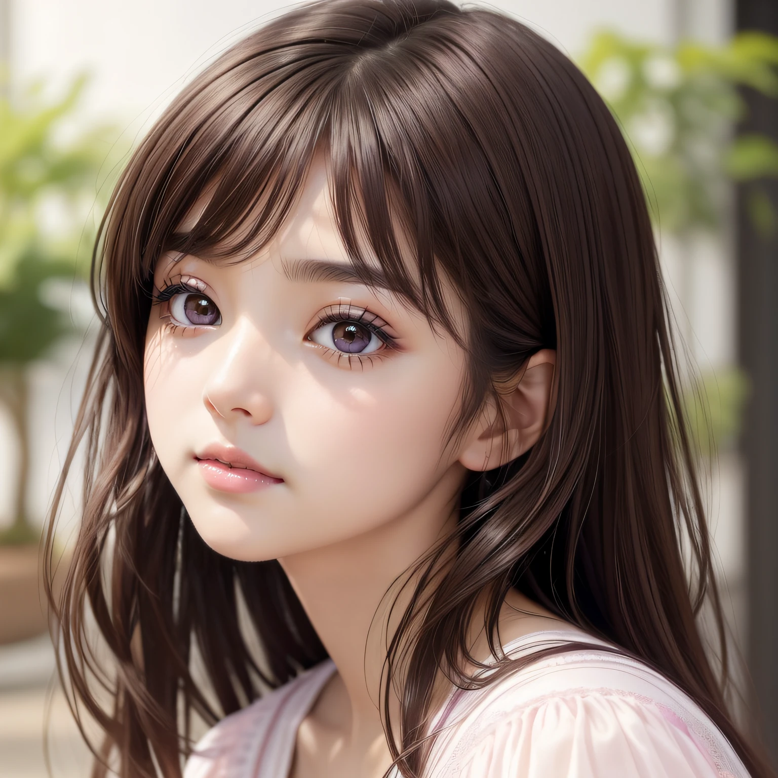 (dark brown eyes:1.2)、(Tilt head 1.3)extremely delicate face,soft clean focus、(Pastel colors)1.2,Pink and purple and a little white、extremely delicate and beautiful、Impresionismo、Saki Matsumura