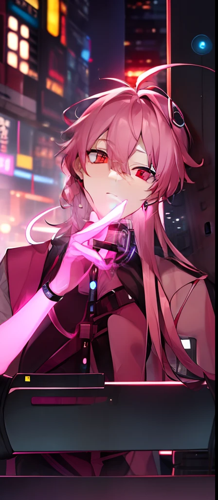 Adult Male,Tall building with flashing neon lights in the background,light pink colored hair,red eyes,curlies