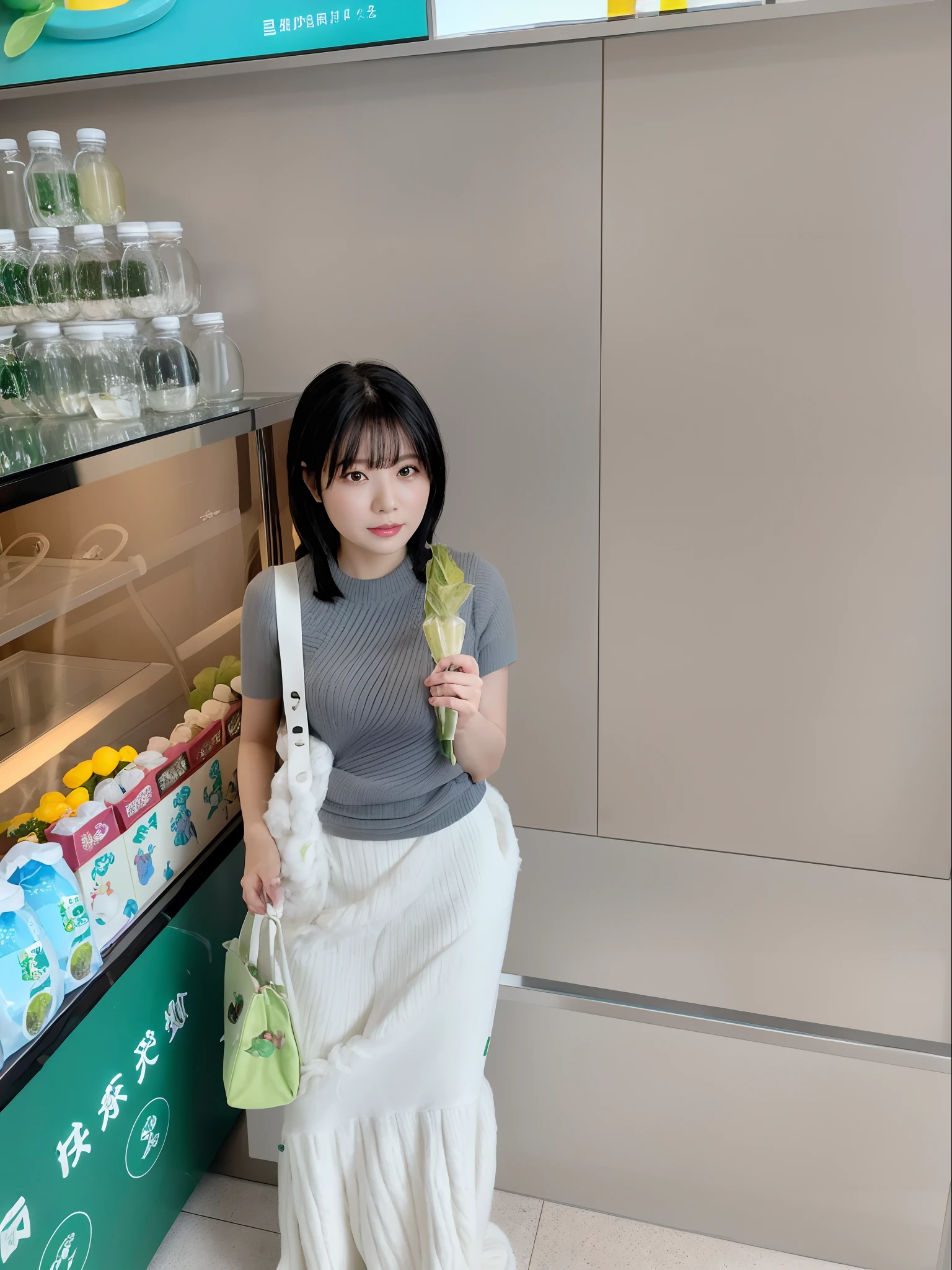 there is a woman standing in front of a display case，Holding a green item。, taken with sony alpha 9, wenfei ye, taken with canon 8 0 d, xintong chen, shot on nikon z9, taken with canon eos 5 d mark iv, lulu chen, wei wang, shot on leica sl2, shot with sigma f / 4. 2