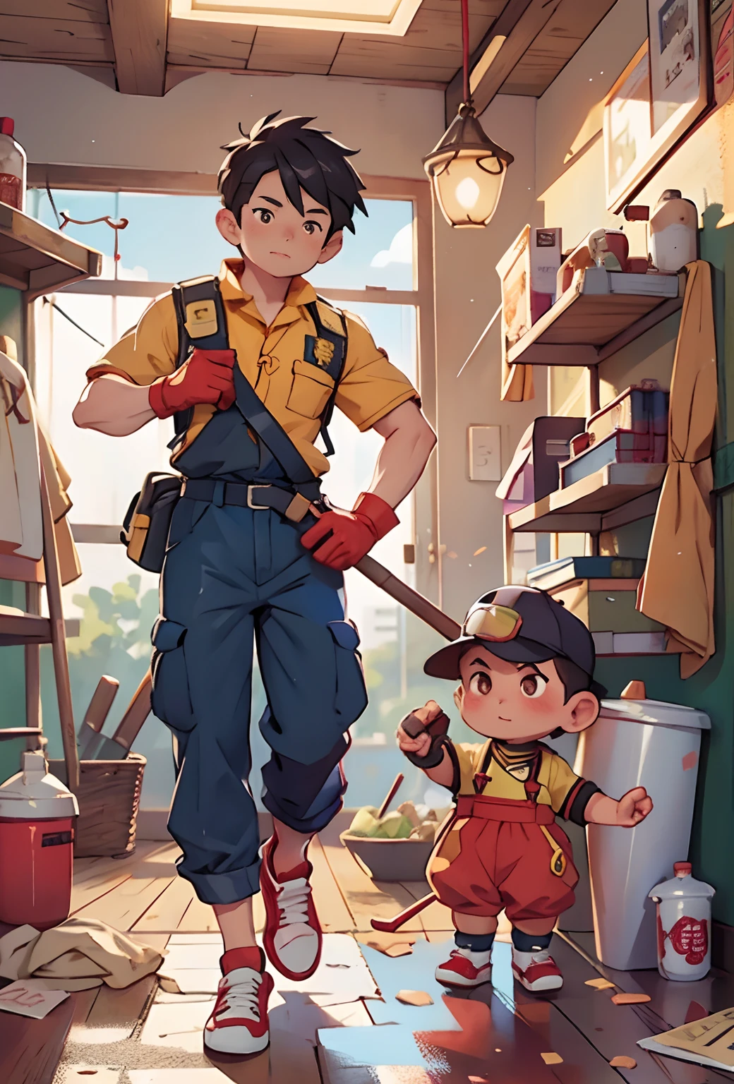 masterpiece, top-quality, ultra-detailliert, illustratio, 1 juvenile, firefighter, 独奏, ratex, A sexy, Body, full body Esbian, Carry a large lifting hammer on your shoulder with your right hand, detaileds, I'm wearing work shoes, metals, gloves, goggles, Background white,Niō Standing