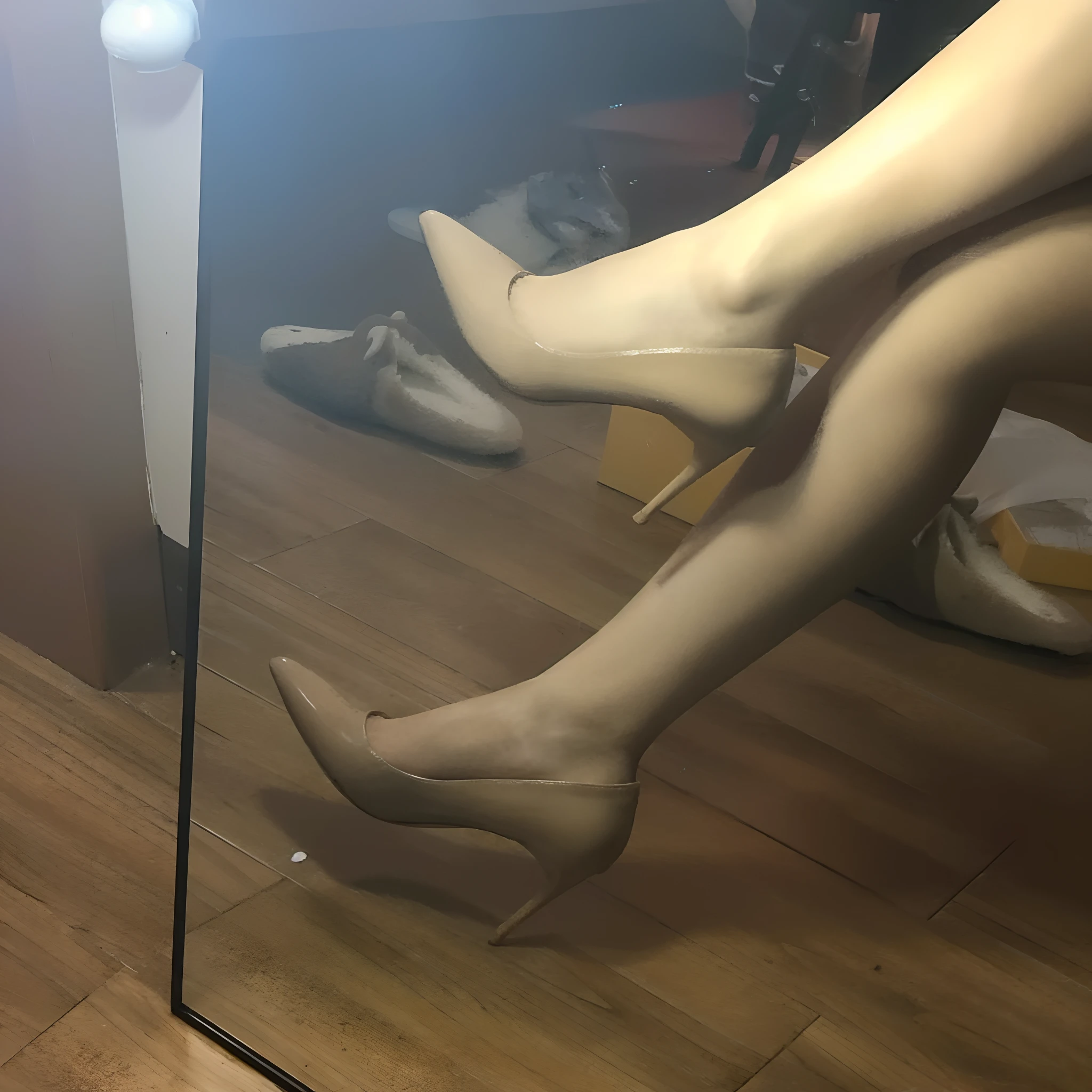 The legs of Arapes in high heels are reflected in the mirror, high-heels, High heels, legs visible, High heels. Silk, heels on her feet, whole shoe is in picture, high shoes, Silk shoes, 🤬 🤮 💕 🎀, Long thin legs, lower quality, author：Roman Brooke, on a mannequin. High quality, high quality upload