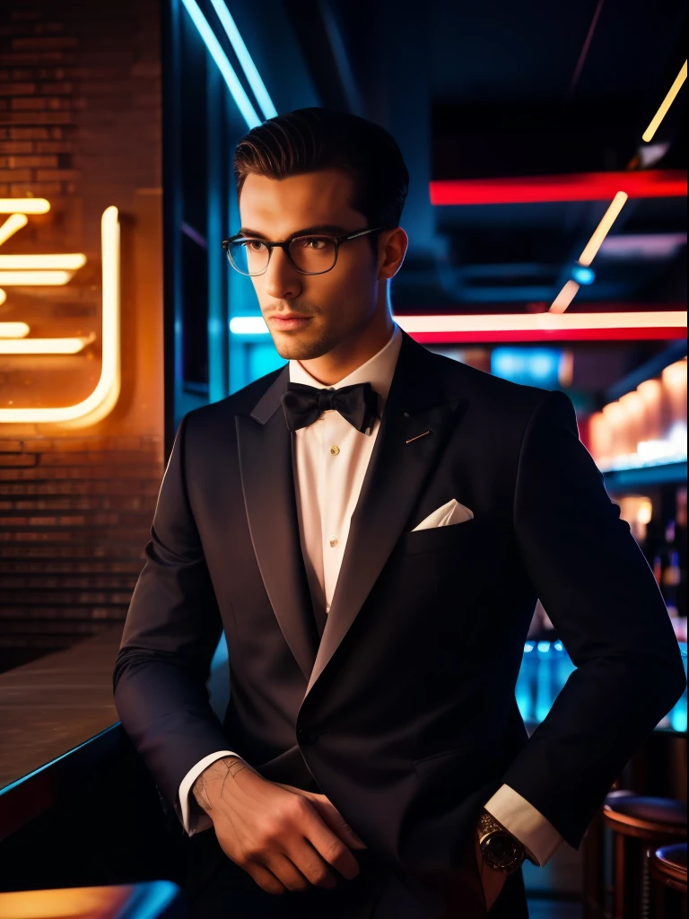 A portrait of an American extremely handsome man dressed in an elegant clothing, illuminated by the vibrant neon lights of a stylish bar. The man exudes sophistication and masculinity, his poise capturing the essence of Parisian sexuality. His clothing is modern and sexy. The neon lights cast a colorful glow on his face, accentuating his handsome features and adding a contemporary flair to the scene. The bar's atmosphere is buzzing with energy, with the soft murmur of conversations and clinking glasses in the background. The composition of this photo is carefully crafted, capturing the man’s allure and the ambiance of the bar in perfect harmony. Photographed by Paolo Roversi, using a Leica SL2 with a 50mm lens, the lighting combines the neon lights of the bar with subtle fill light, creating a captivating and glamorous image.