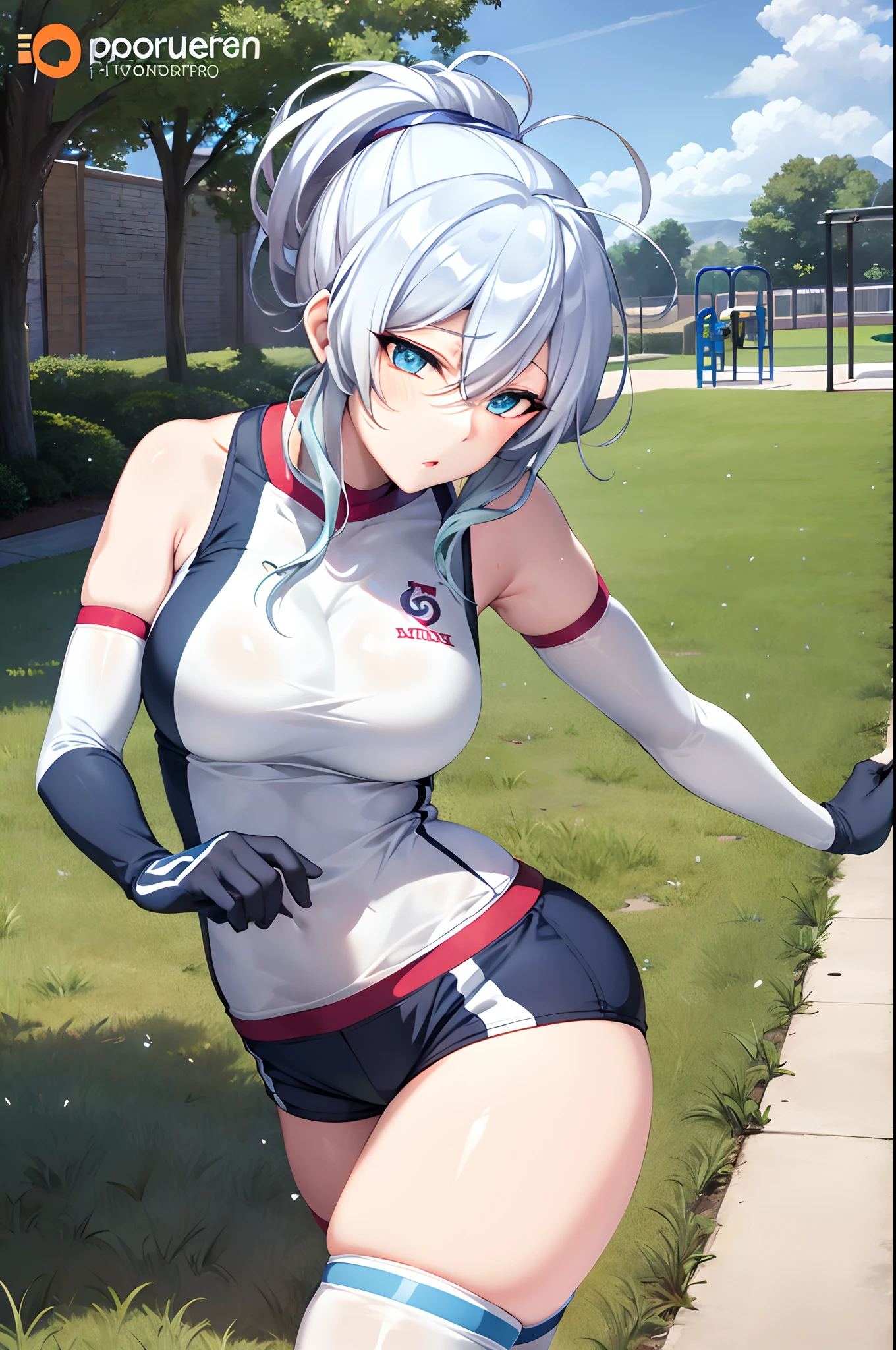 masterpiece, best quality, highres, Yukino, silver hair, blue eyes, short hair, symbol-shaped pupils, +_+, large breasts, gym uniform, white shirt, sleeveless, white gloves, elbow gloves, white shorts, gym shorts, short shorts, white thighhighs, outdoor, playground, grass, cowboy shot, standing, leaning forward,