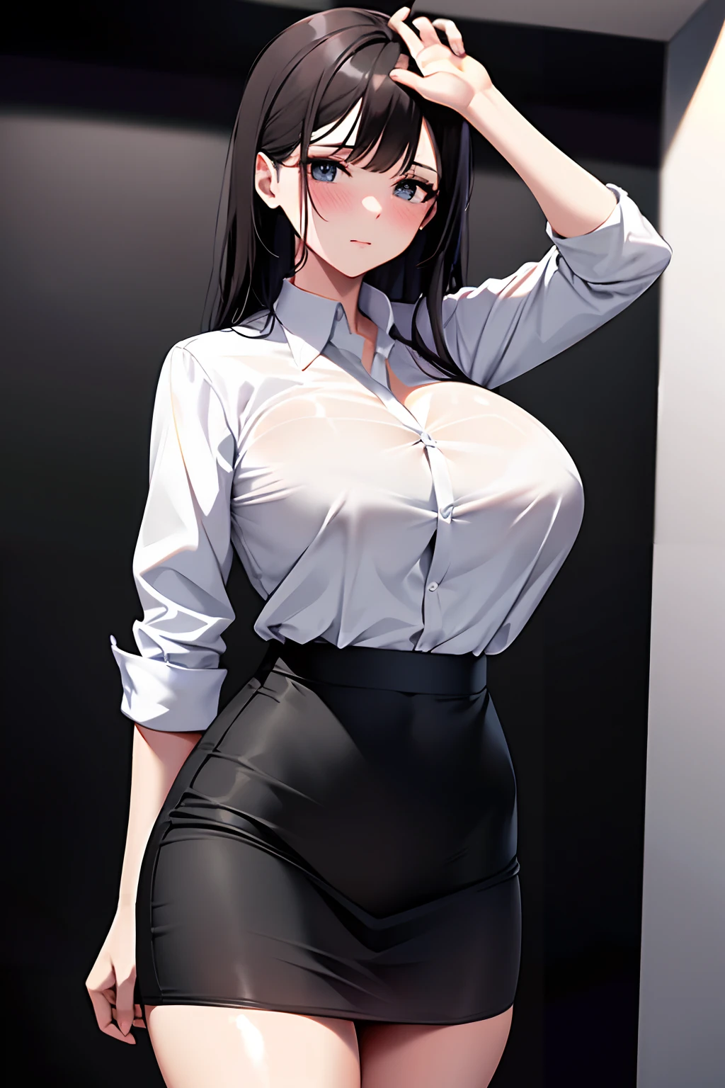 There is a woman in a white shirt and black skirt posing for a photo, office clothes, in a white shirt, female student,  wearing a white button up shirt, Wear a nice white shirt, Business clothes，Face with a little blush，Exposed legs，Bigchest，huge boob，White thighs