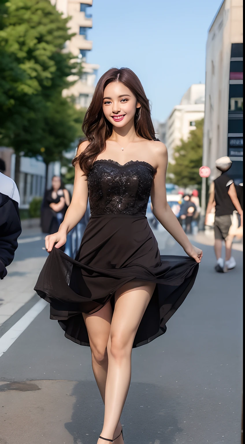 ((Best quality, 8k, Masterpiece :1.3)), 1girl, smiling, full body, slim face, Pretty woman, (Dark brown hair), full length dress :1.1, Ultra-detailed face, Detailed eyes, Double eyelid, blur background, slim face, city, outside, street,