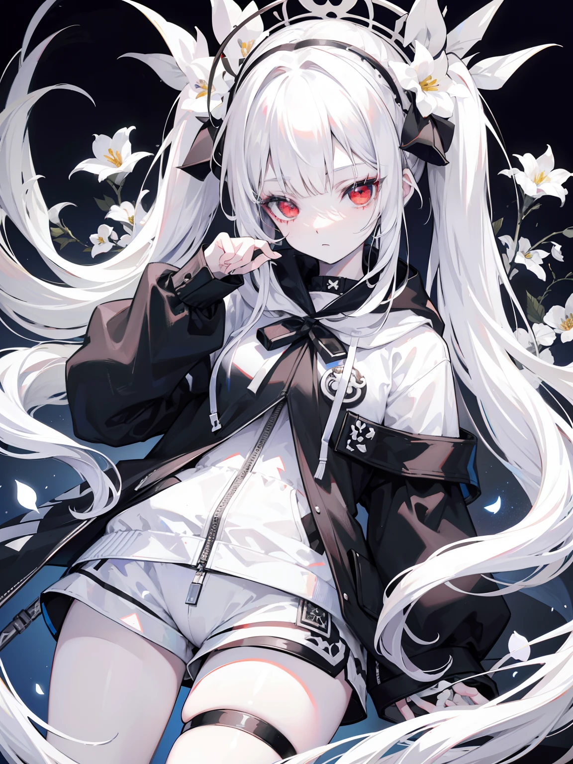 Pale skin, white hair, black hoodie, white flowers, flowers on head, Twintails, , solo,{{best quality}}, {{masterpiece}}, {{ultra-detailed}}, {illustration}, {detailed light}, red eyes,long hair,shorts