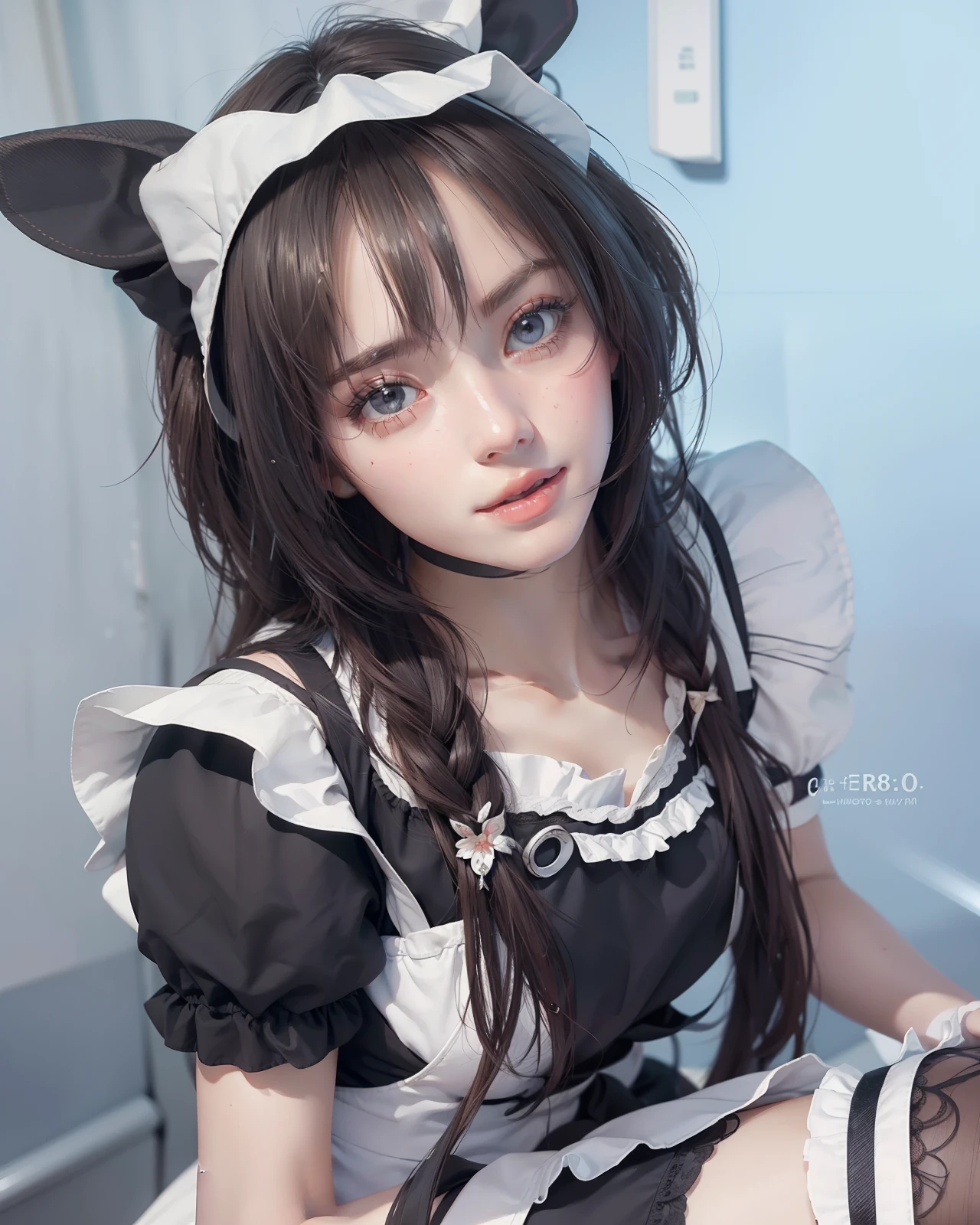 (Ultra Realistic), (Illustration), (Increased Resolution), (8K), (Extremely Detailed), (Best Illustration), (beautiful and cute white and smooth skin), (Nice and thin body), (her cheeks are rosy), (wearing a maid outfit).