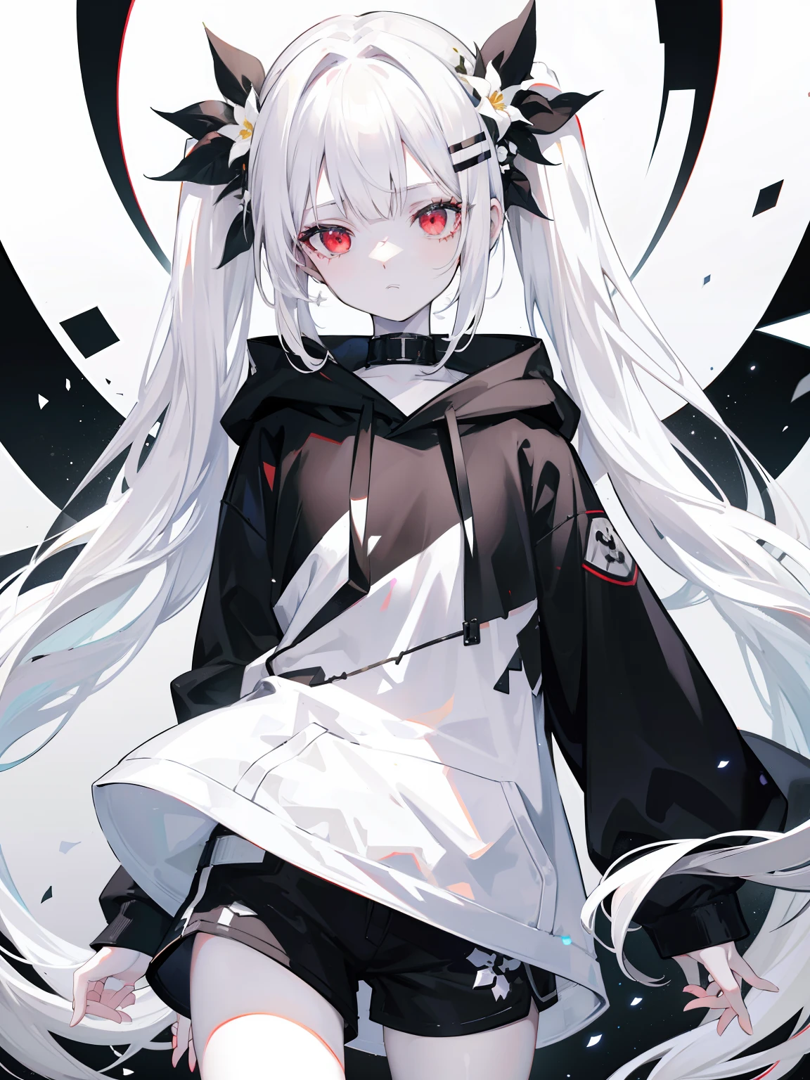 Pale skin, white hair, black hoodie, white flowers, flowers on head, Twintails, , solo,{{best quality}}, {{masterpiece}}, {{ultra-detailed}}, {illustration}, {detailed light}, red eyes,long hair,shorts