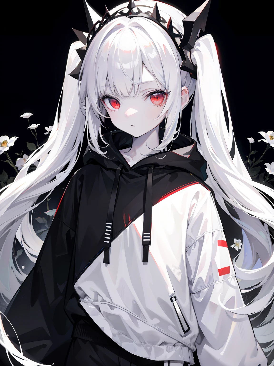 Pale skin, white hair, black hoodie, white flowers, flowers on head, Twintails, Loli, solo,{{best quality}}, {{masterpiece}}, {{ultra-detailed}}, {illustration}, {detailed light}, red eyes,long hair,shorts