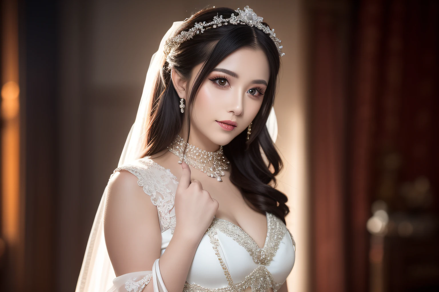 Arad woman posing for photo in wedding dress and veil, best qualtiy，tmasterpiece，A high resolution，1girl，Porcelain skirt，hair adornments，choker necklace，jewely，beautiful  face，Physically，dingdall effect，realisticlying，dark studio，edge lit，twotonelighting，（highdetailskin：1.2），8k uhd， dslr, softlighting, high high quality, volumettic light, sneak shot, photore, A high resolution, 4k, 8k, Background bokeh,