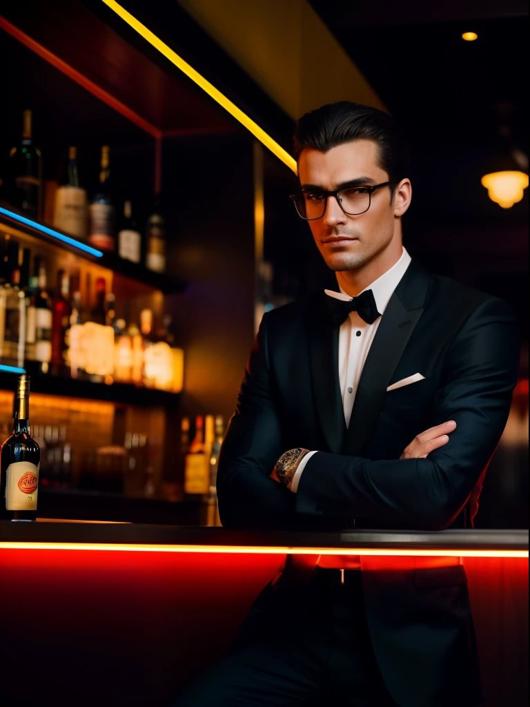 A portrait of an American extremely handsome man dressed in an elegant clothing, illuminated by the vibrant neon lights of a stylish bar. The man exudes sophistication and masculinity, his poise capturing the essence of Parisian sexuality. His clothing is modern and sexy. The neon lights cast a colorful glow on his face, accentuating his handsome features and adding a contemporary flair to the scene. The bar's atmosphere is buzzing with energy, with the soft murmur of conversations and clinking glasses in the background. The composition of this photo is carefully crafted, capturing the man’s allure and the ambiance of the bar in perfect harmony. Photographed by Paolo Roversi, using a Leica SL2 with a 50mm lens, the lighting combines the neon lights of the bar with subtle fill light, creating a captivating and glamorous image.