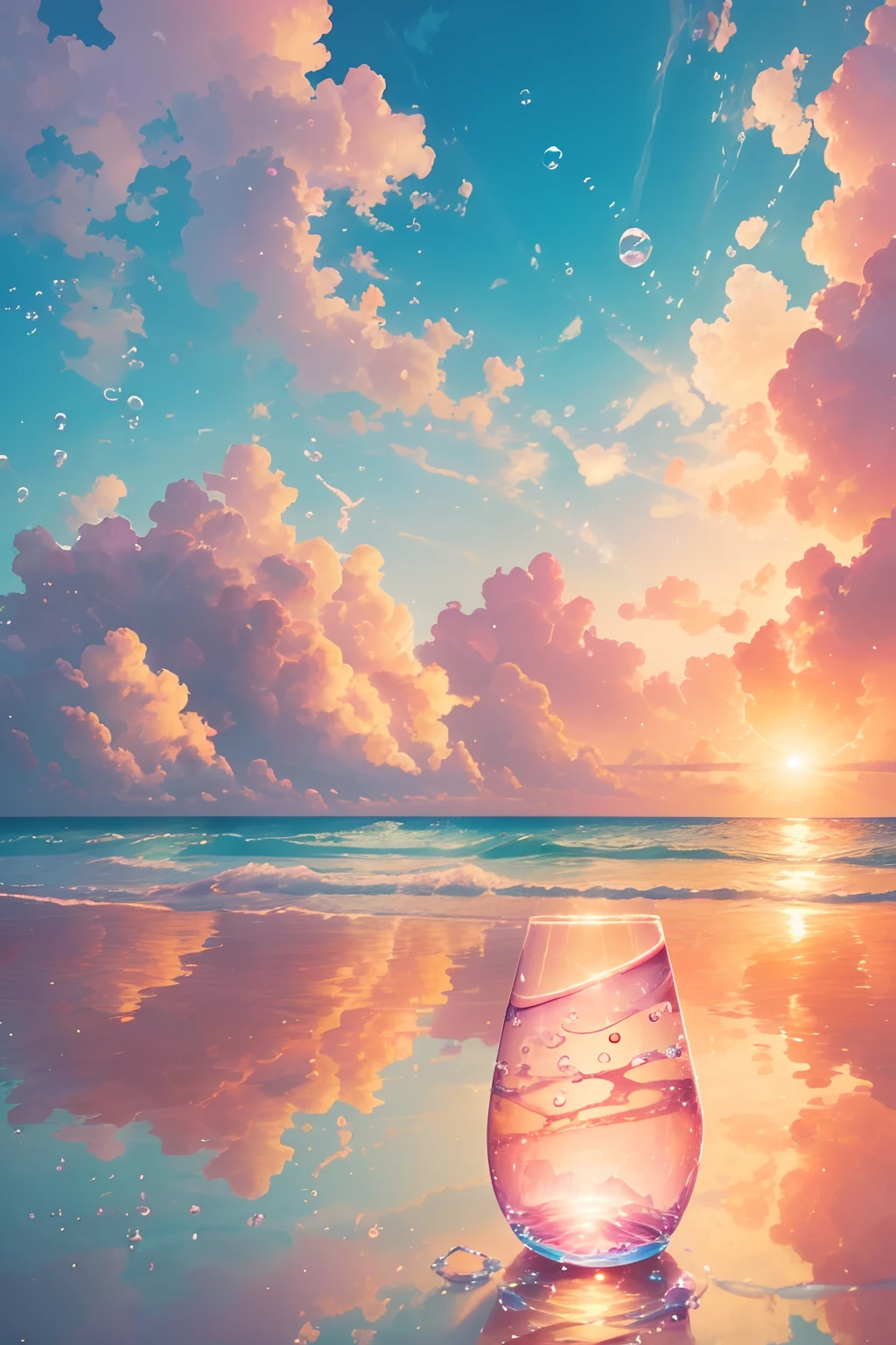 Create a 4K 9:16 image that depicts a stunning sunrise on a tropical beach, with gentle waves and palm trees along the coast. The color palette should be vibrant and convey a sense of renewal and positive energy. Picture a clear glass vase filled with a soft pink cloud. The cloud is made up of tiny bubbles, each reflecting a spark of light. You can see that the bubbles are constantly moving, shifting and swirling within the vase. But despite their ephemeral nature, they leave a lasting impression on the vase itself. As the light filters through the pink cloud, it casts a gentle glow on the glass, changing its very essence. Just like the bubbles, moments of joy may be fleeting and temporary, but the impression they leave on your soul is like the soft pink cloud, illuminating your very being and changing you forever.