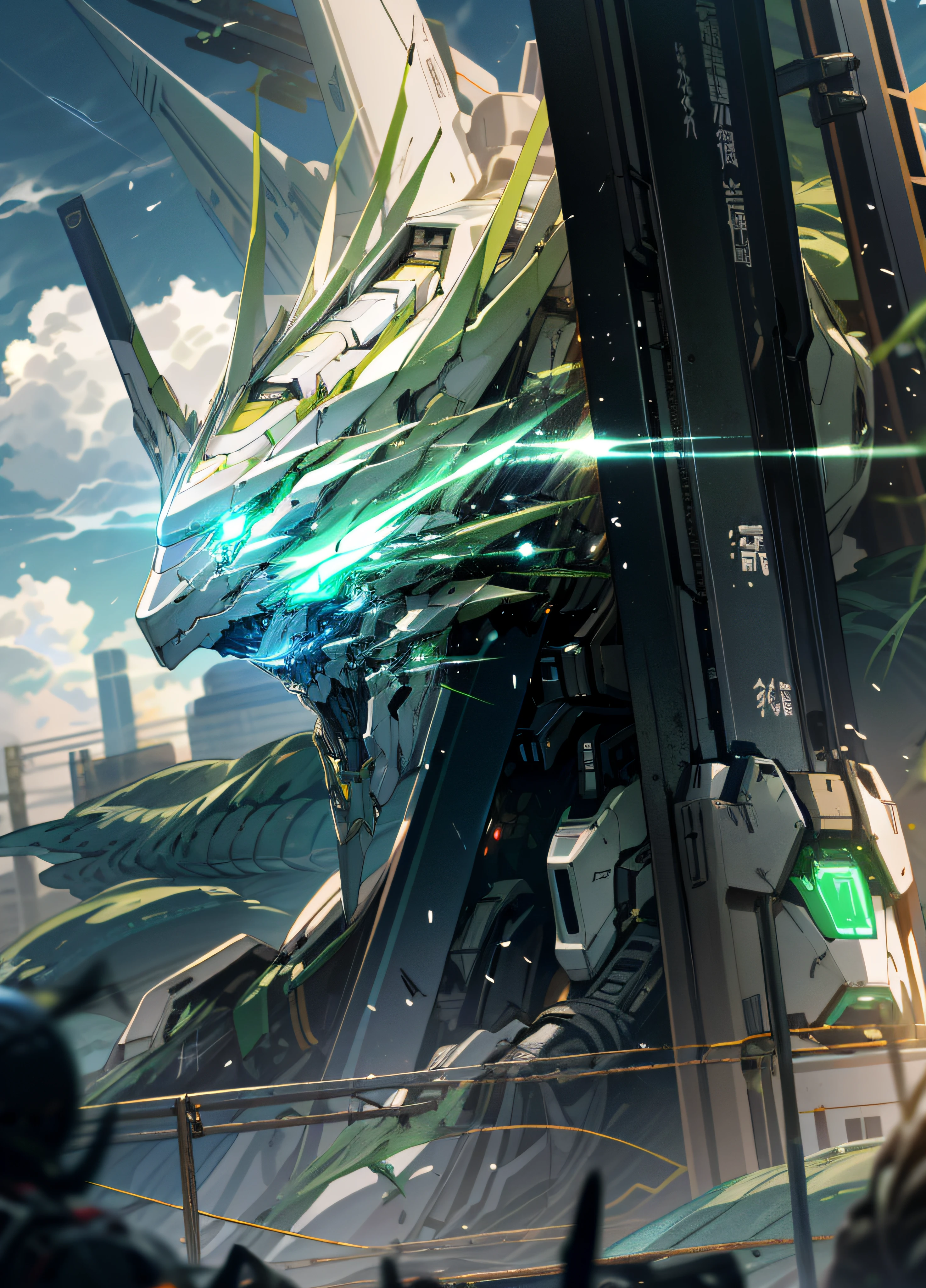 Skysky,clouds,Holding_arma,No_Humanity,with light glowing ,,droid,buliding,Glowing_Eyes,Mecha,scientific fiction,城市,Realistis,Mecha blue-eyed white dragon