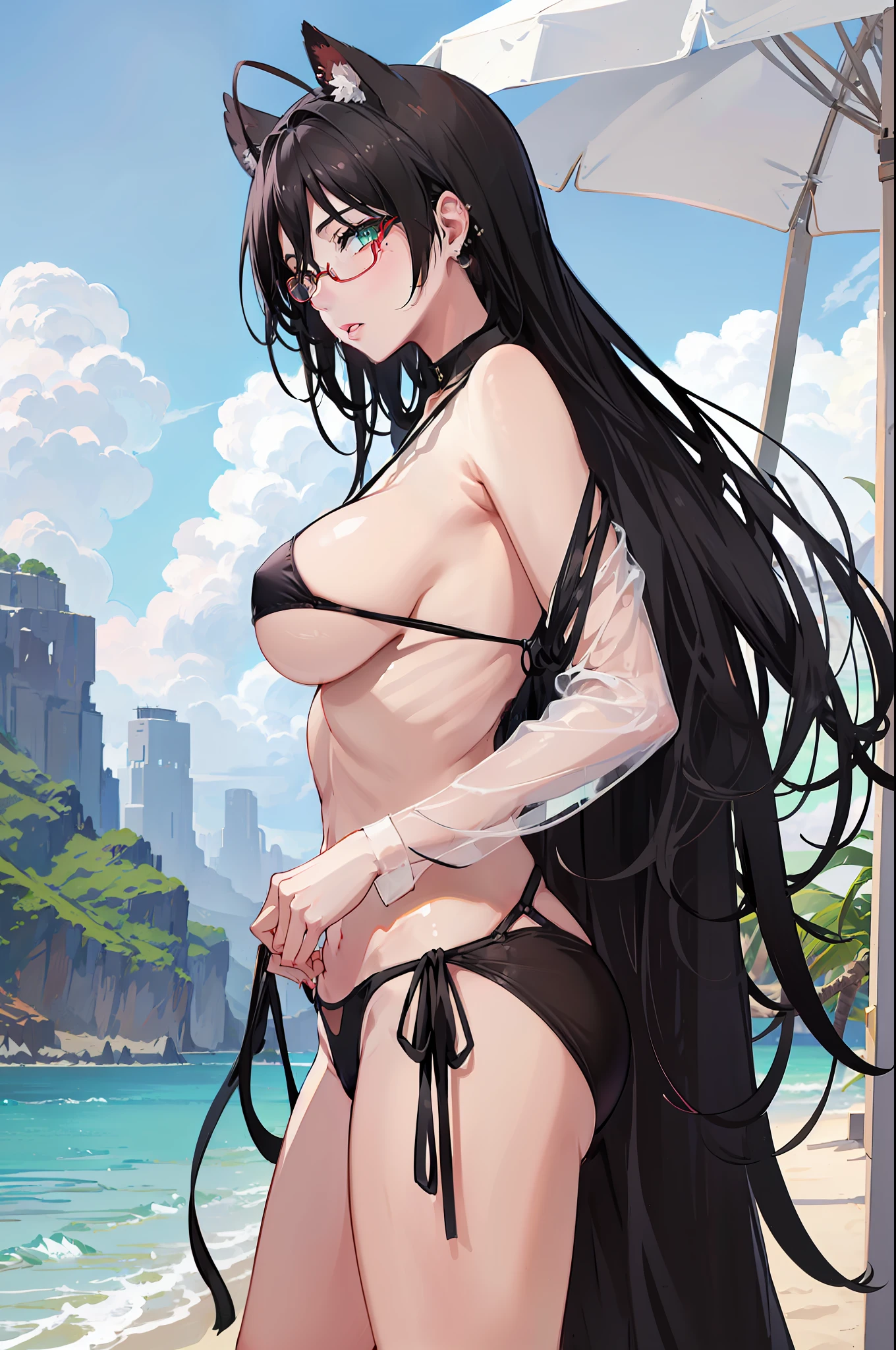 1 girl,  hip-length black hair that has bangs hanging on the right side with two ahoges, green eyes, mole under left eye, red round glasses, one earring on left ear, large , black bikini, outdoor, beach background, perfect finger shape, the number of fingers is not excessive
