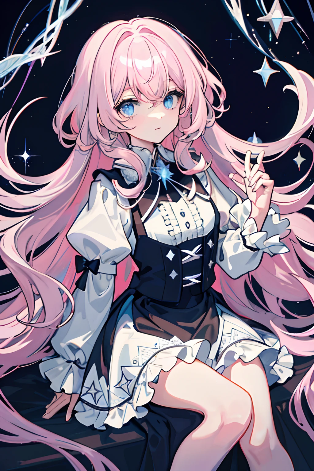 Masterpiece, Rich in details, Delicate, Cute, Light pink hair, Light blue eyes, Curly hair, stars, pentacle, glitters, The whole body looks like a black silk school outfit, a magical girl, a black and white dress