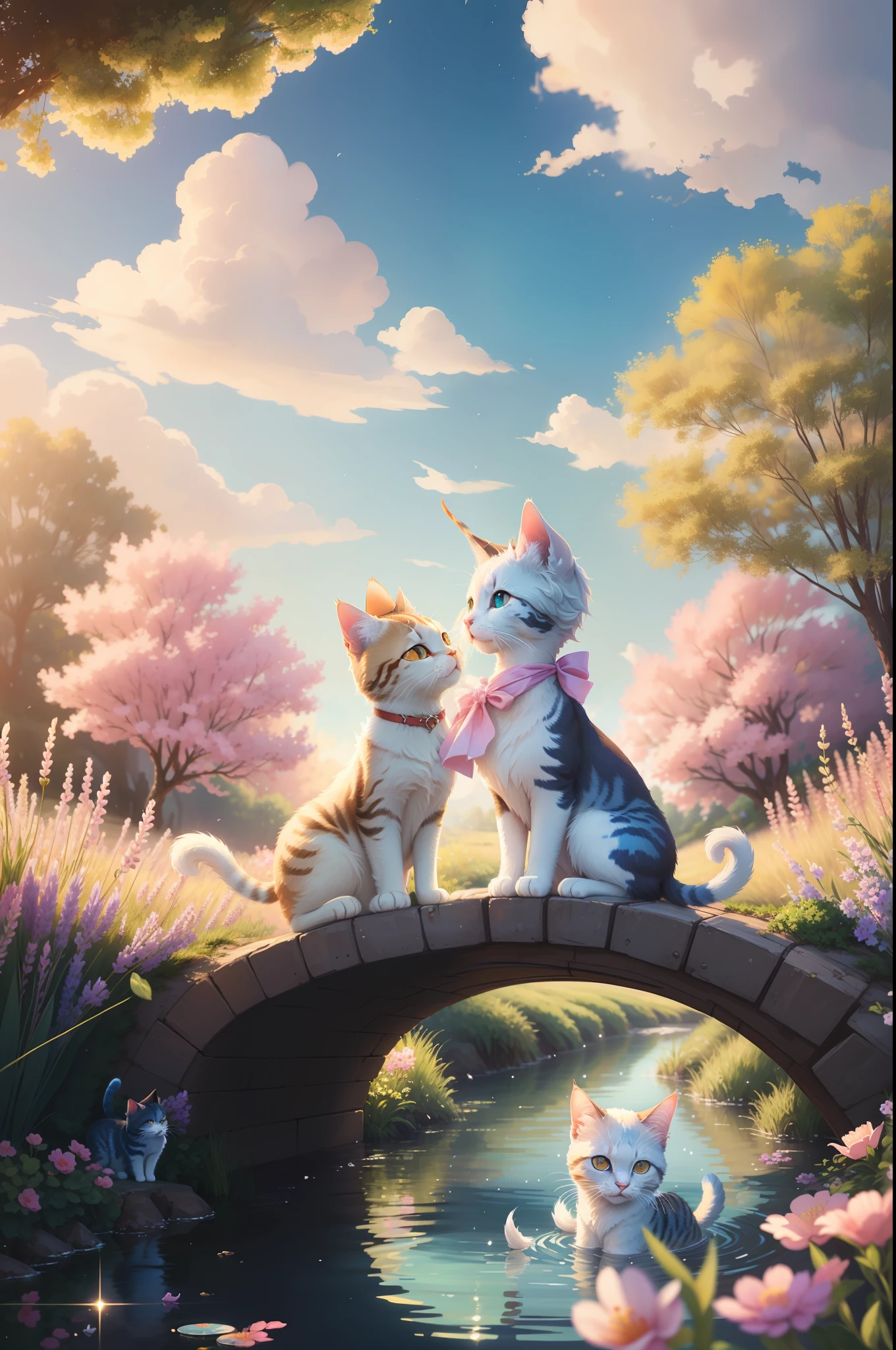 There are two cats that are sitting on a bridge in the water, painting digital adorable, arte digital detalhada bonito, arte digital bonito, Arte digital altamente detalhada em 4k, Beeple e Jeremias Ketner, Arte digital detalhada em 4k, bela arte digital, Beautiful digital illustration, Fantasia pintura fosca，fofo, gatos bonitos, Arte bonita UHD 4K, pintura digital bonita