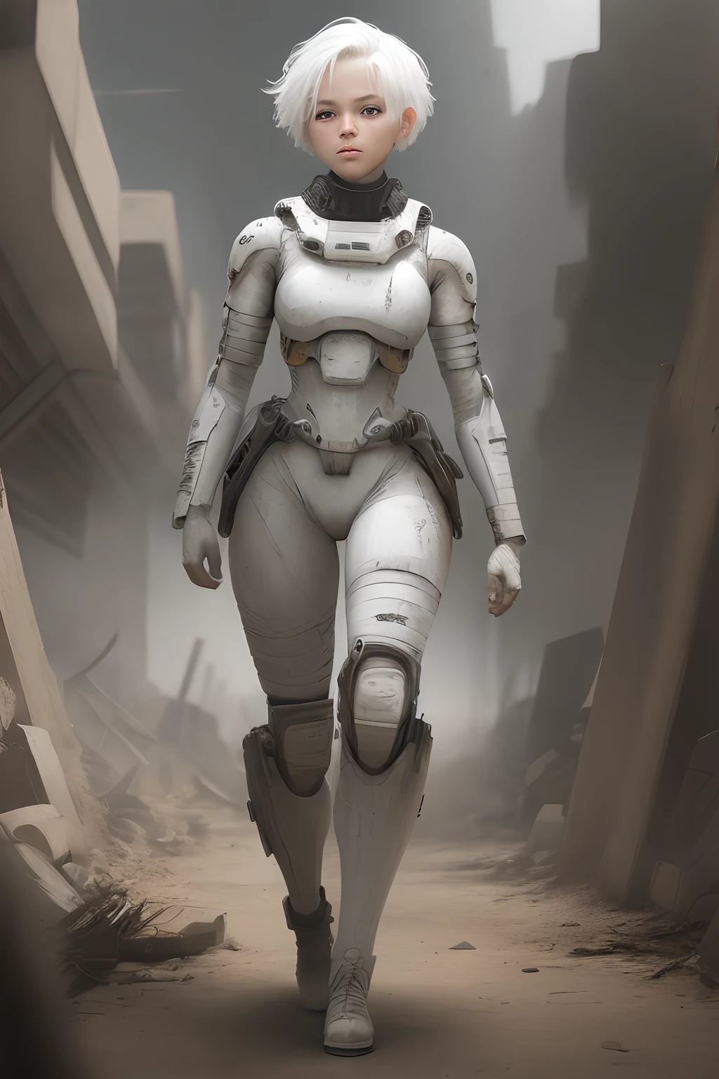 teens girl，with short white hair，Wear a battle suit，Stepping on the corpses of the enemy，Bandage the right hand with the left hand，looking to the camera