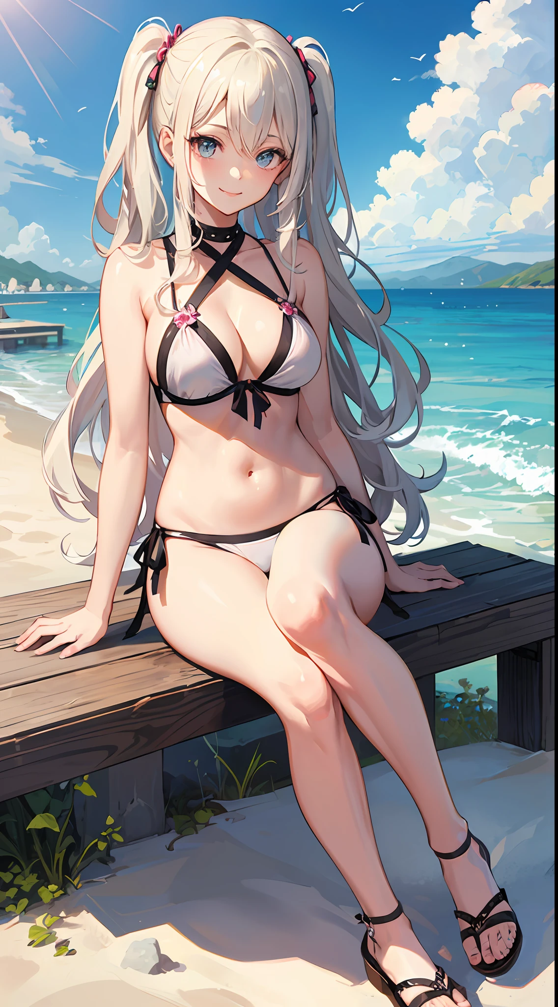 ((Best Quality)), (Ultra-detailed), ((Extremely detailed)), (Beautiful), ((Kawaii Girl)),(two side up hair).,Platinum Blonde Hair,Long hair, hair between eye, Wavy Hair, Long sideburns,Jade-colored eyes, White skin,Normal Chest,Slender body,Cross Halter Bikini,Sandals,Sitting,Smile,in beach,Look Camera