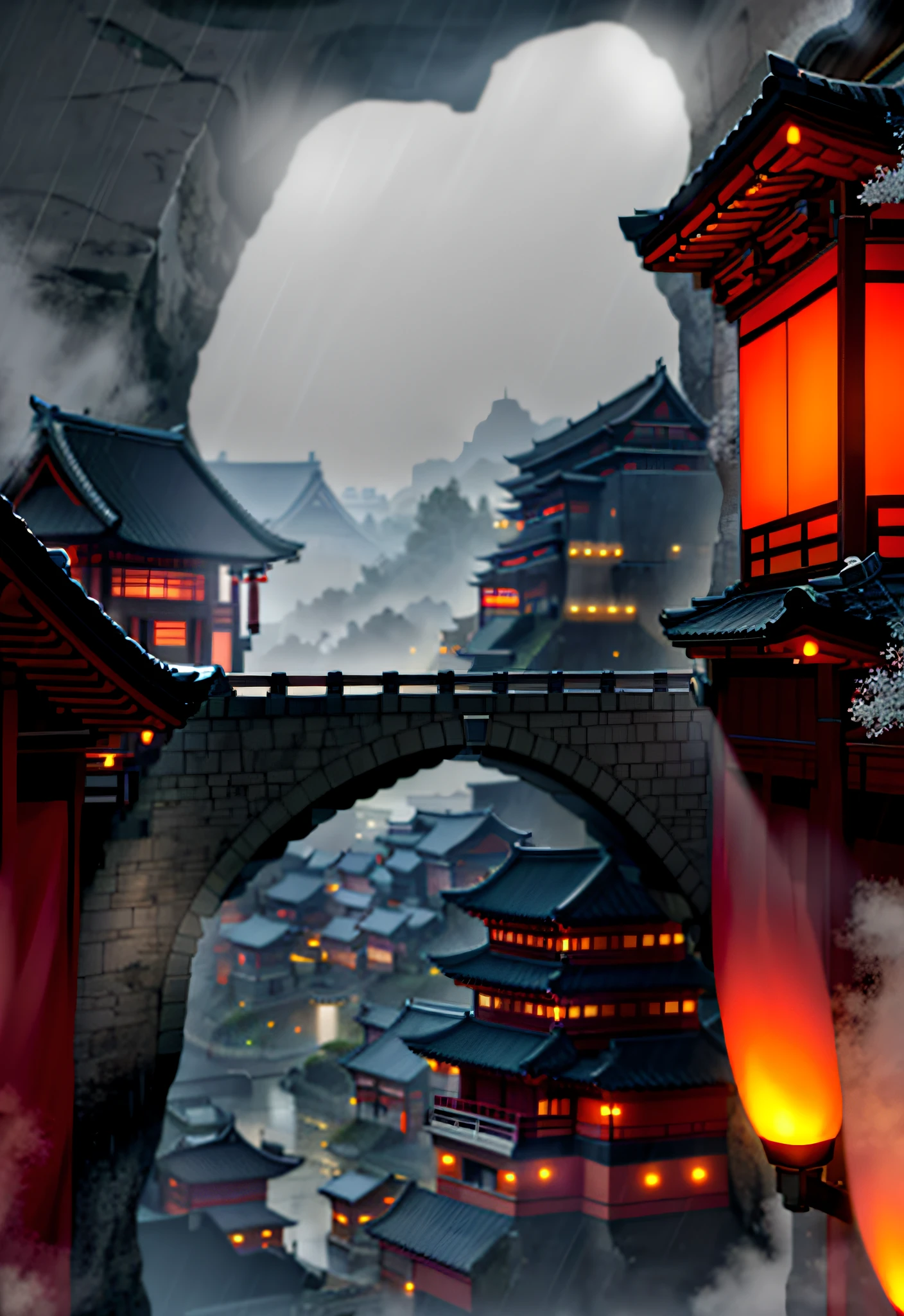 arafed view of a village with a lot of lights on the buildings, dreamy chinese town, chinese village, amazing wallpaper, japanese town, japanese village, hyper realistic photo of a town, old asian village, japanese city, by Raymond Han, rainy evening, cyberpunk chinese ancient castle, beautifully lit buildings, at evening during rain, beautiful and aesthetic, photography, cinematic, 8k, high detailed ((Heavy rain)))