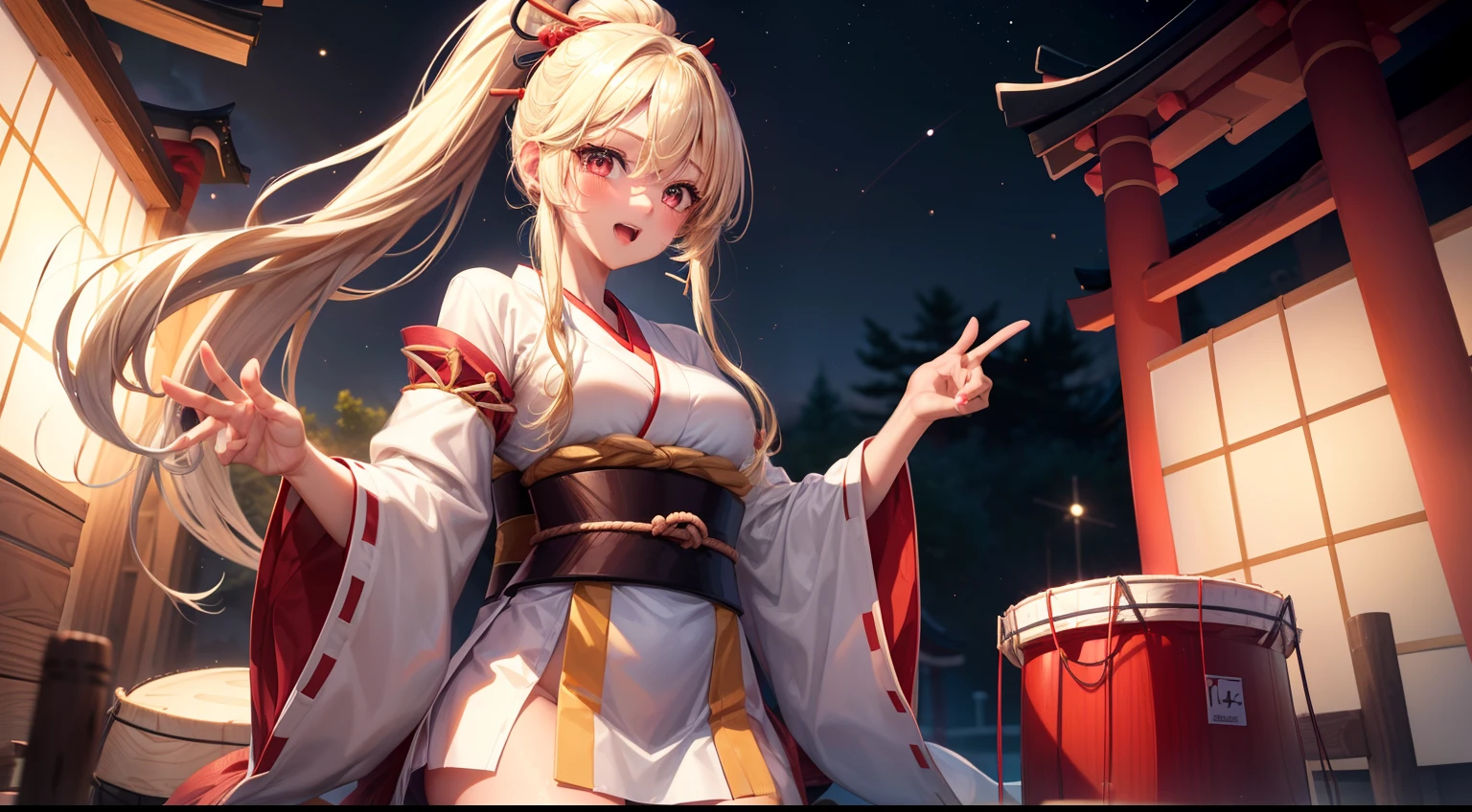 a cute girl,(18 years old), beautiful blond hair,(blonde hair), long hair, (high ponytail),wavy hair, bangs, hair between eyes, sidelocks,transparent hair, translucent hair,beautiful red eyes,(red eyes),(beautiful eyes), medium_breasts,(C cup),(dark-skinned),(beautiful finger),(perfect finger),(perfect hands),
(happi coat:1.3),geta,sweaty,(play Japanese drums:1.4),standing,night sky,festival,focus face,full body,open mouth,smile,blush,
((masterpiece)), ((best quality)), (ultra-detailed), ((kawaii)), cute, (lovely), 4k,(8k),