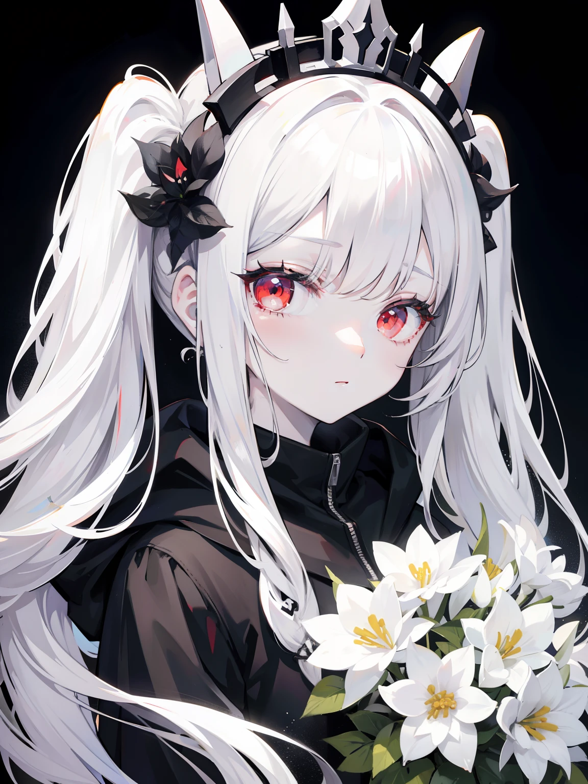 Pale skin, white hair, black hoodie, white flowers, flowers on head, Twintails, , solo,{{best quality}}, {{masterpiece}}, {{ultra-detailed}}, {illustration}, {detailed light}, red eyes,long hair,