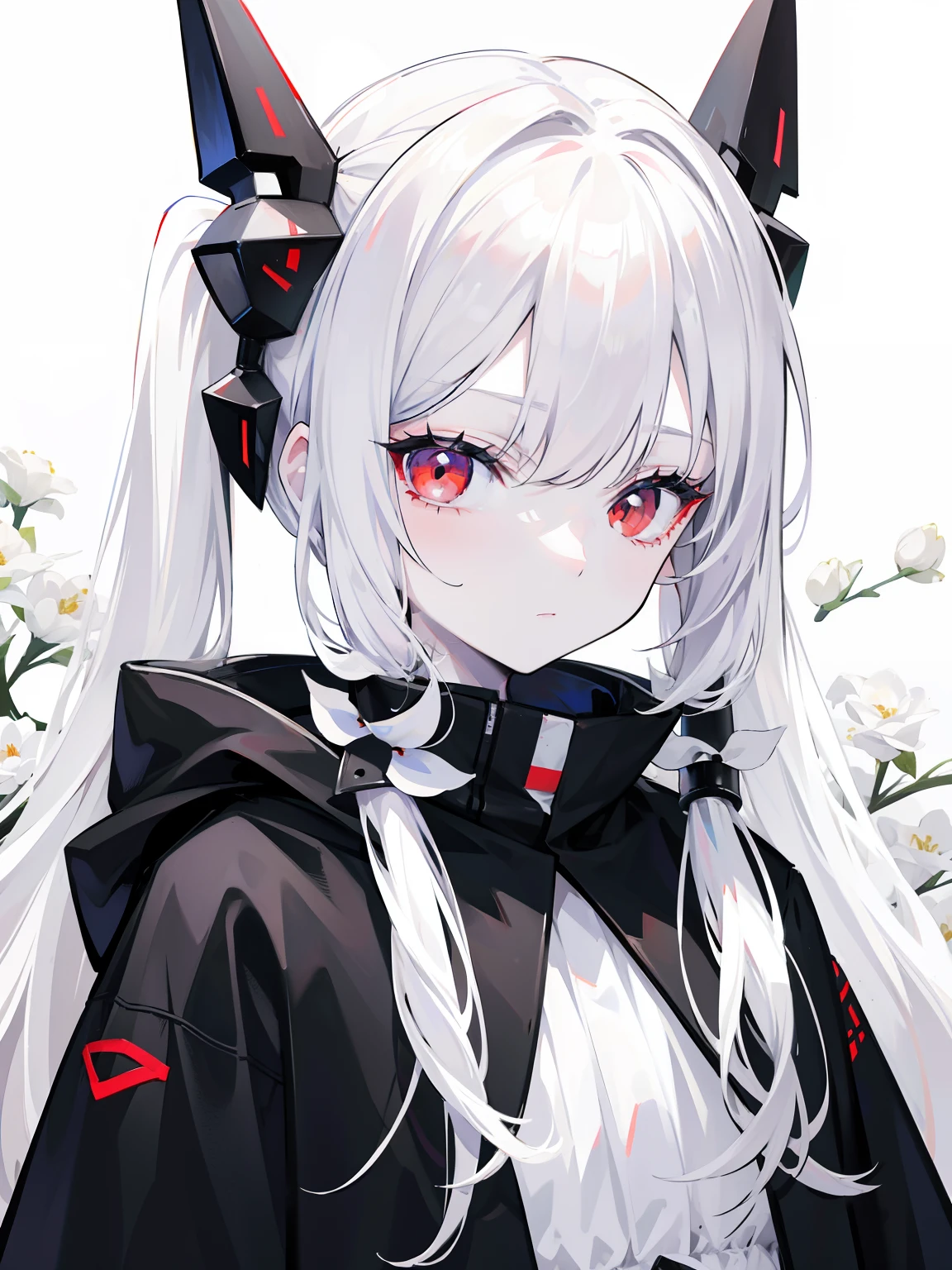 Pale skin, white hair, black hoodie, white flowers, flowers on head, Twintails, , solo,{{best quality}}, {{masterpiece}}, {{ultra-detailed}}, {illustration}, {detailed light}, red eyes,long hair,