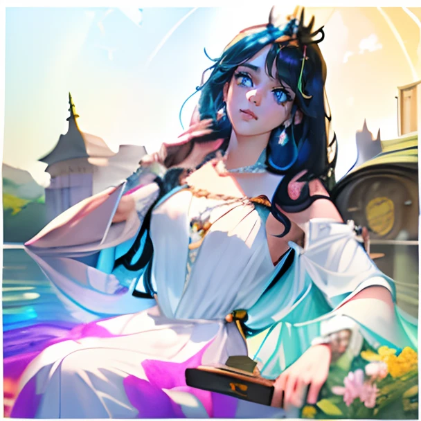 1girl, ((cinematic light)), colorful, hyper detail, dramatic light, intricate details, best quality, (extremely detailed CG unity 8k wallpaper, masterpiece, best quality, ultra-detailed, best shadow), (detailed background:1.4), (beautiful detailed face, beautiful detailed eyes), High contrast, (best illumination, an extremely delicate and beautiful),(girl:1.5), cowboy shot, masterpiece, (((best quality))) (((PERFECT QUALITY))), (((highly detail eyes))), (((highly detail))), (((((perfect eyes))))), (((((((beautiful eyes))))))), both eyes are the same, smooth, (((((perfect face))))), ((((extremely detailed 8K)))), high resolution, ultra quality, glare, Iridescent, Global illumination, real hair movement, realistic light, realistic shadow, perfect quality, detailed shadow and light, pixar, ((FANTASY)), ((MAGIC)), 3D, ((HIPER quality)), (((2K, 3K, 5K, 6K, 7K, 8K,))), ((detailed, good quality))
(((cute and delicate girl SITTING ON THE BRIDGE)))), ((light orange hair))), ((long hair)), ((kawaii)), ((((cute eyes)))) , ((kawaii eyes))
((((Princess)))), (((Princess crown))),
((((Long detailed glitter RAINBOW COLORFULL feather crystal princess dress)))), ((((((LONG BIG RAINBOW COLORFULL chic princess dress))))))
((shiny crystal shoes)), ((gold accessories, gold earrings, flower accessories, pearl accessories)),((happy expression)),
((SHINES, SPARKLES)), GOLD, ((sparkles)), ((shiny butterflies flying)), (feathers)
LAKE, BRIDGE, (((((CLOCK))))), MIRROR WATER, (((((FLOWERS IN THE LAKE))))), FOUNTAIN, (((LIGHTS SHINING IN THE LAKE))), BUSHES, NATURE
(((WOOD, BLUE CRYSTALS ON WOOD, PEARLS ON WOOD))), (((blue crystals))), ((((MAGIC LIBRARY)))), (((FOREST)))
(((((magical ancient place)))))