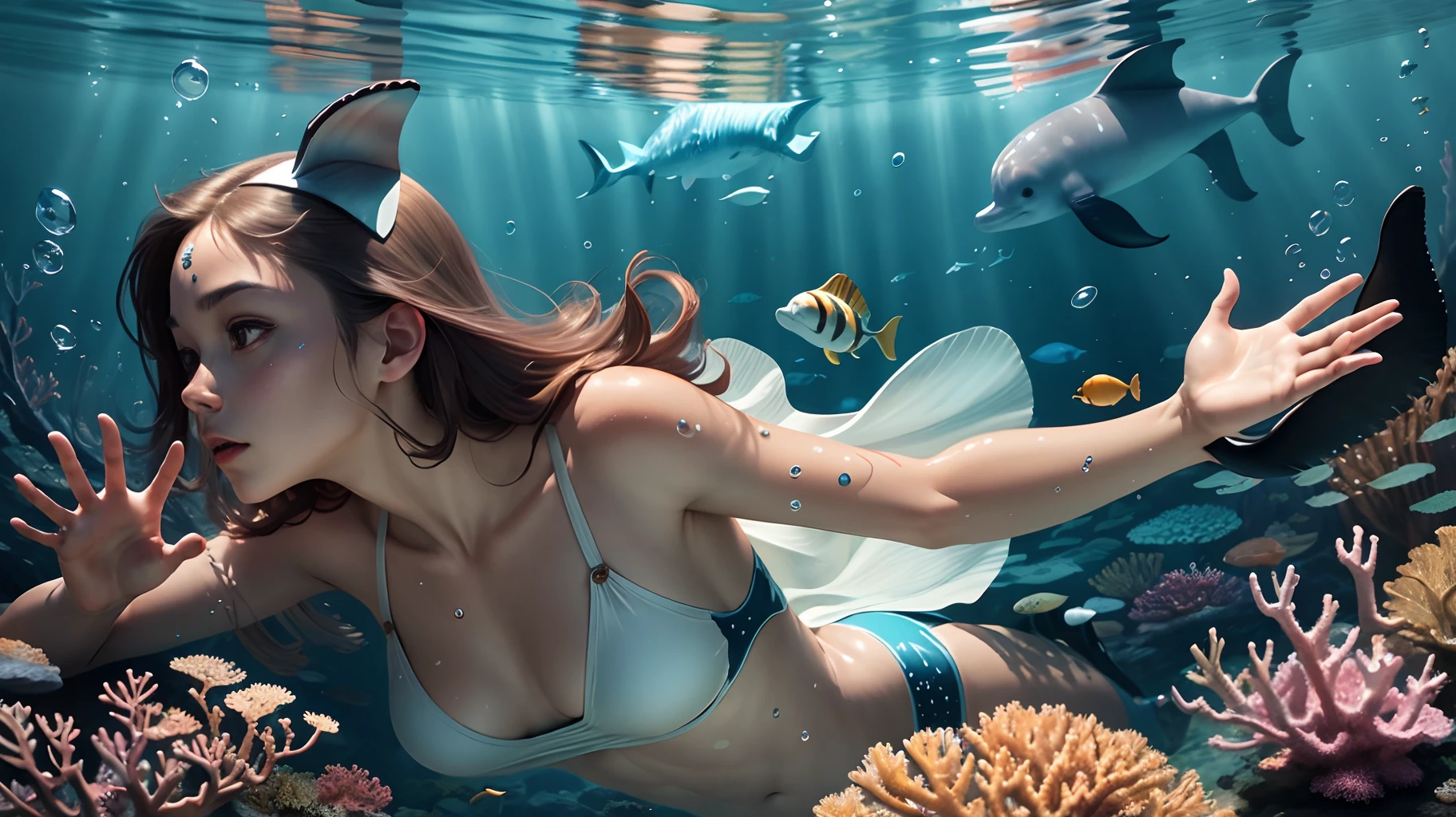 （（best qualtiy））， （（tmasterpiece）），under the water， mito， fanciful， swimmning， The corals， airbubble， llight rays，Porpoise，A high resolution，beautifuldetails，extremely detailed nipple，perfect litthing