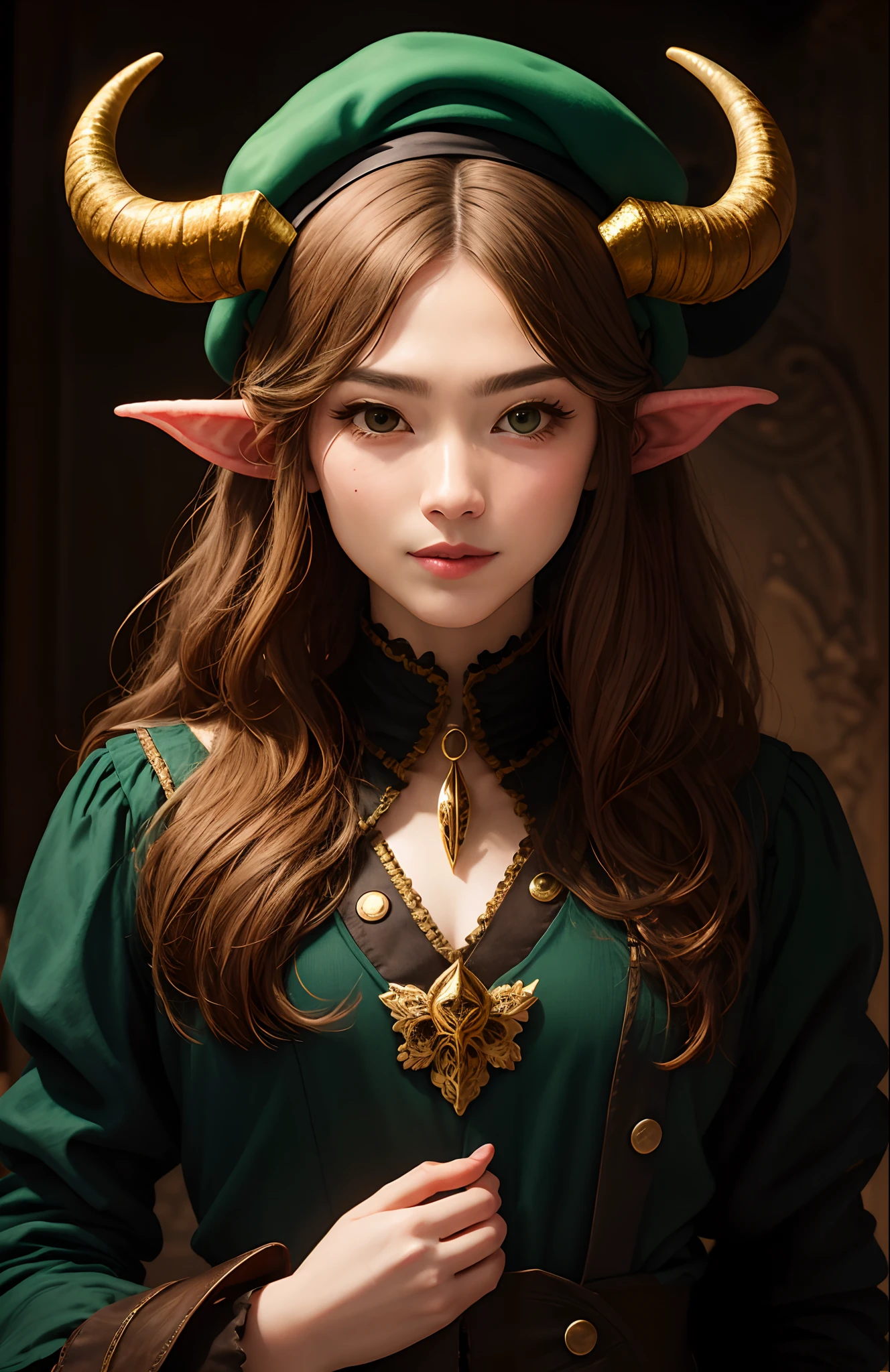 beret，Melon seed face，One long hair，With a pair of horns，Has pointy ears，The body is abnormally plump