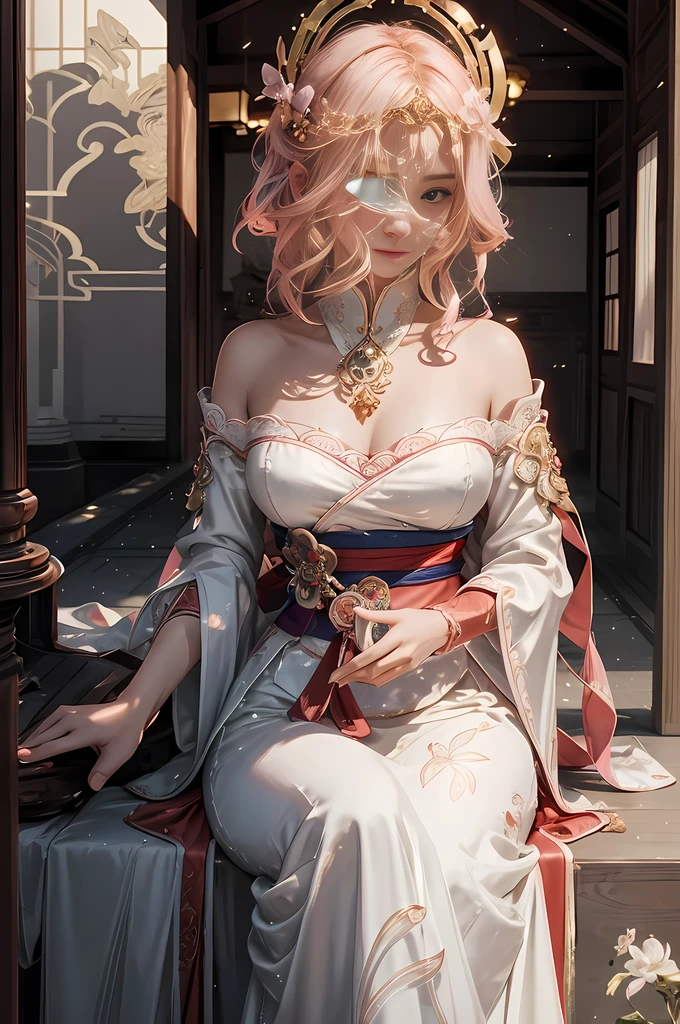 Genshin Noelle，clubs，palaces，oriental architecture ray tracing，{best qualtiy}，{ {tmasterpiece}}，Extremely detailed 8k wallpaper，{An extremely delicate and beautiful}，coloured with lots of colour，intricately details，photorealestic，Realiy，Camera quality，（Carefully portray clothes），Cold white skin，（Carefully portray blush）,1080p，suns，Soft cute，Smooth light silver hair，Messy beauty，lamplight，Sense of brokenness，The skin is shiny and silky，3D stereoscopic，tmasterpiece，The best quality，The illustrations are super detailed，beautidful eyes，Very delicate light，Fine luminescence，Very detailed 8k CG wallpaper，Peach blossom eyes，Red pupils，An extremely delicate and beautiful girl，8k wallpaper，best qualtiy，close-up all over the body，a white long skirt，Luxuriously silky bright red chiffon overshine（illusion，glitters，Ultrathin，softness，），short  skirt