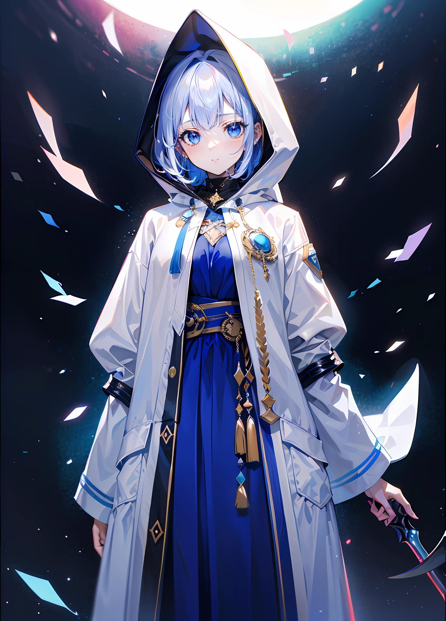 (tmasterpiece,best qualtiy,style of anime,a sense of atmosphere，higher details，cg render，Standing painting，Ray traching，sci-fy，Particle)(holographic projections，White mouthless mask，There is a robe inside the white jacket，Can cover the entire body，Wear a hood，Holding a blue sword，Non-juveniles)（The background is a huge blue space）